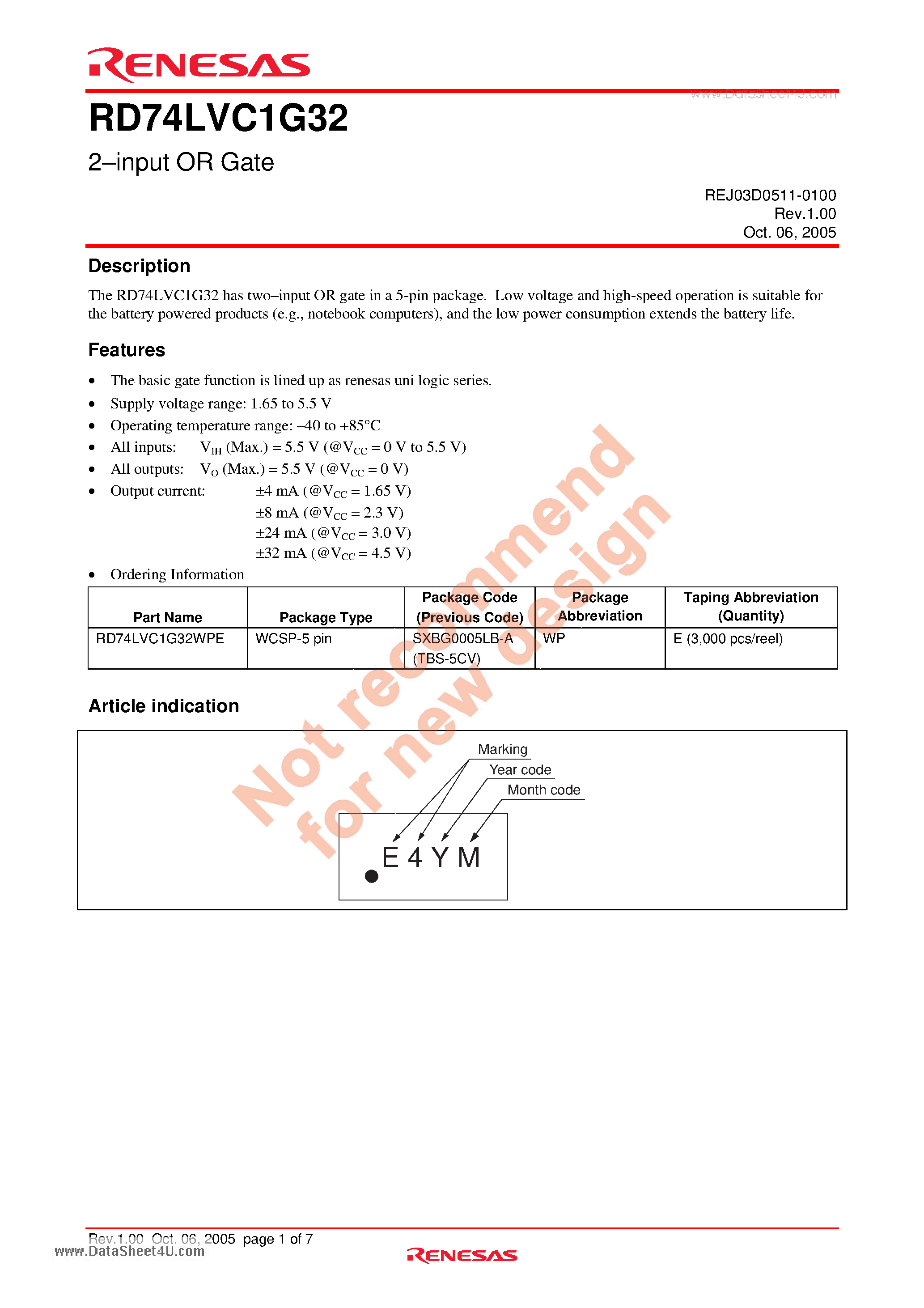 Datasheet RD74LVC1G32 - 2-input OR Gate page 1