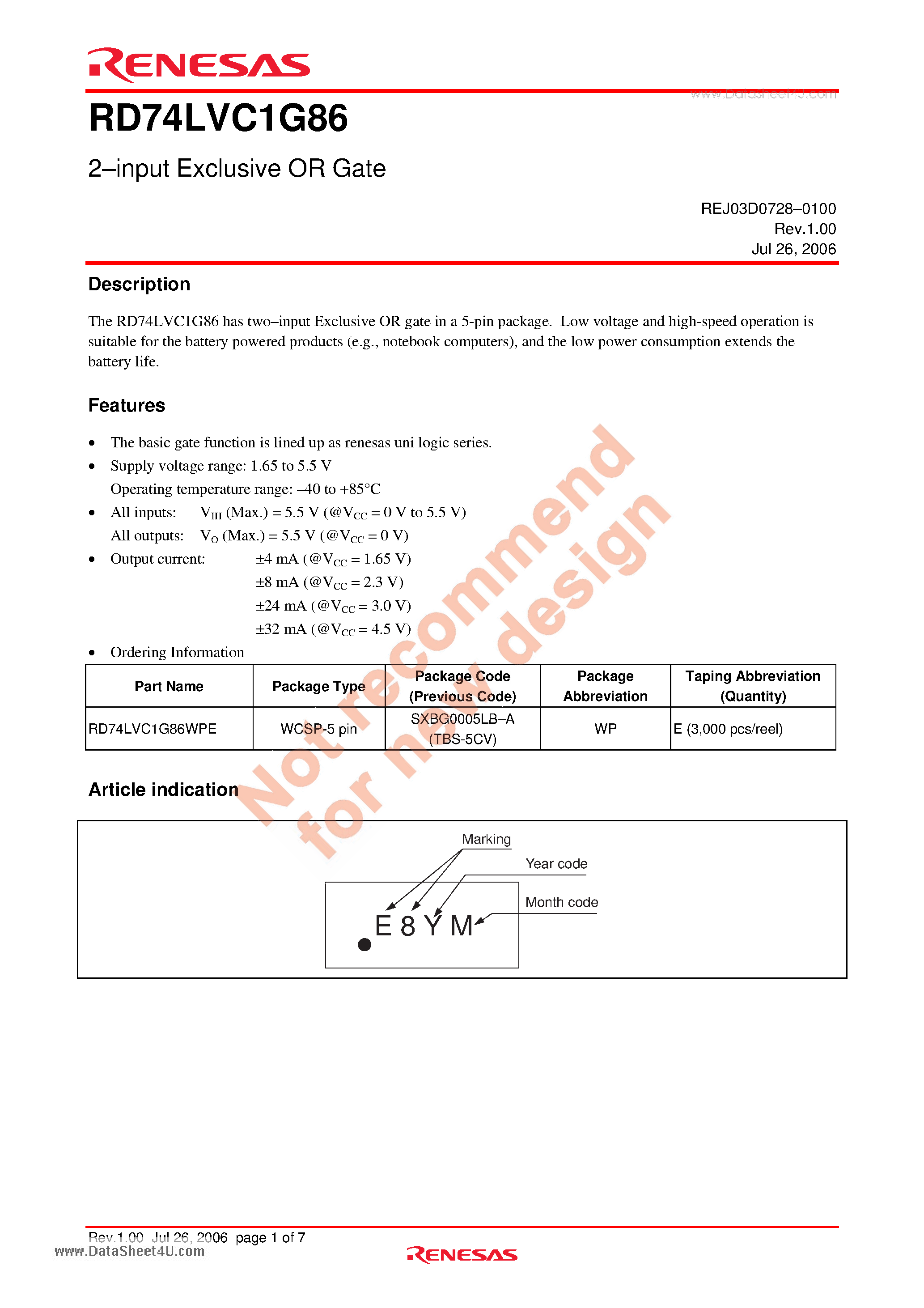 Datasheet RD74LVC1G86 - 2-input Exclusive OR Gate page 1