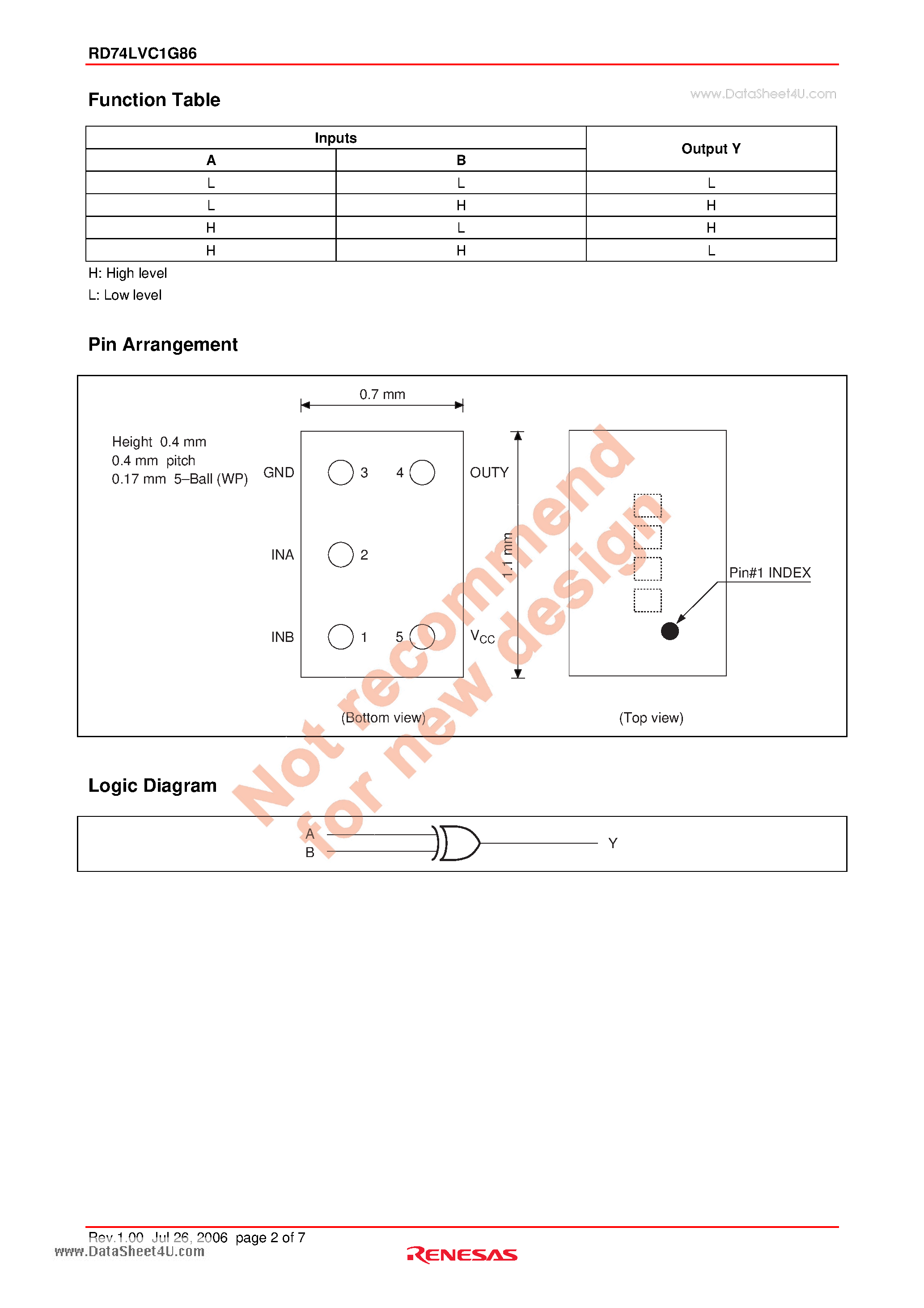 Datasheet RD74LVC1G86 - 2-input Exclusive OR Gate page 2