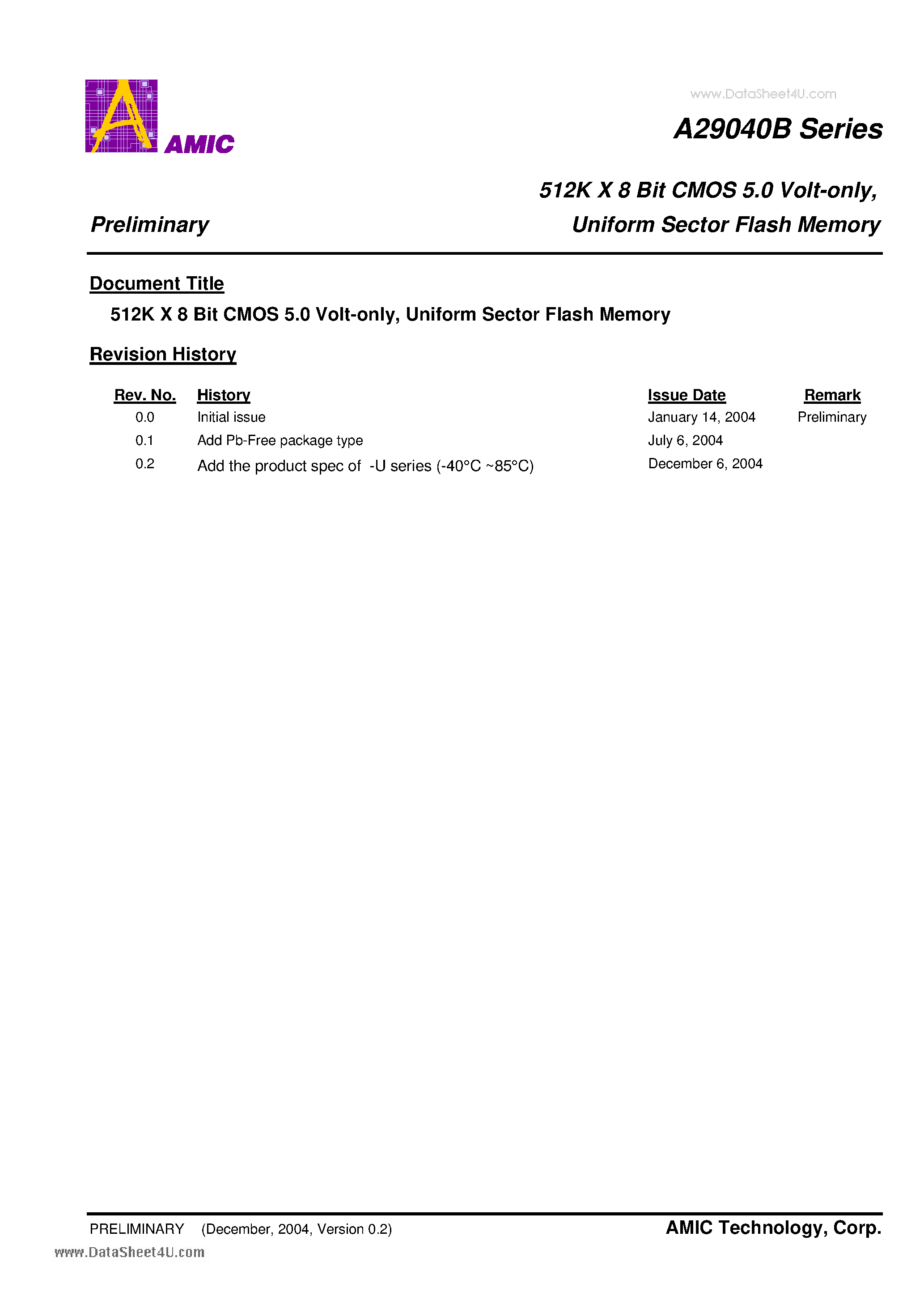 Datasheet A29040B - 512K X 8 Bit CMOS 5.0 Volt-only Uniform Sector Flash Memory page 1