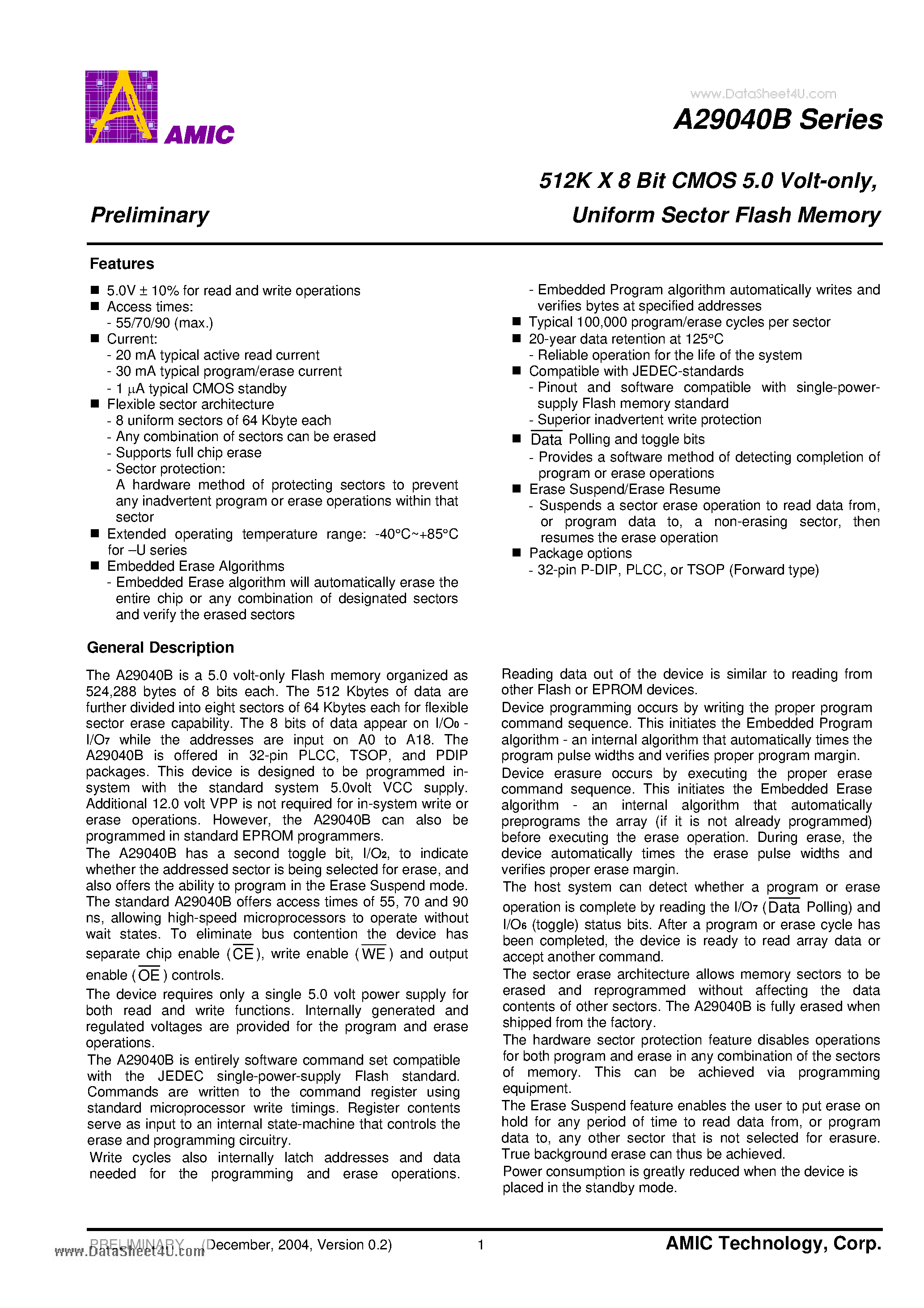 Datasheet A29040B - 512K X 8 Bit CMOS 5.0 Volt-only Uniform Sector Flash Memory page 2