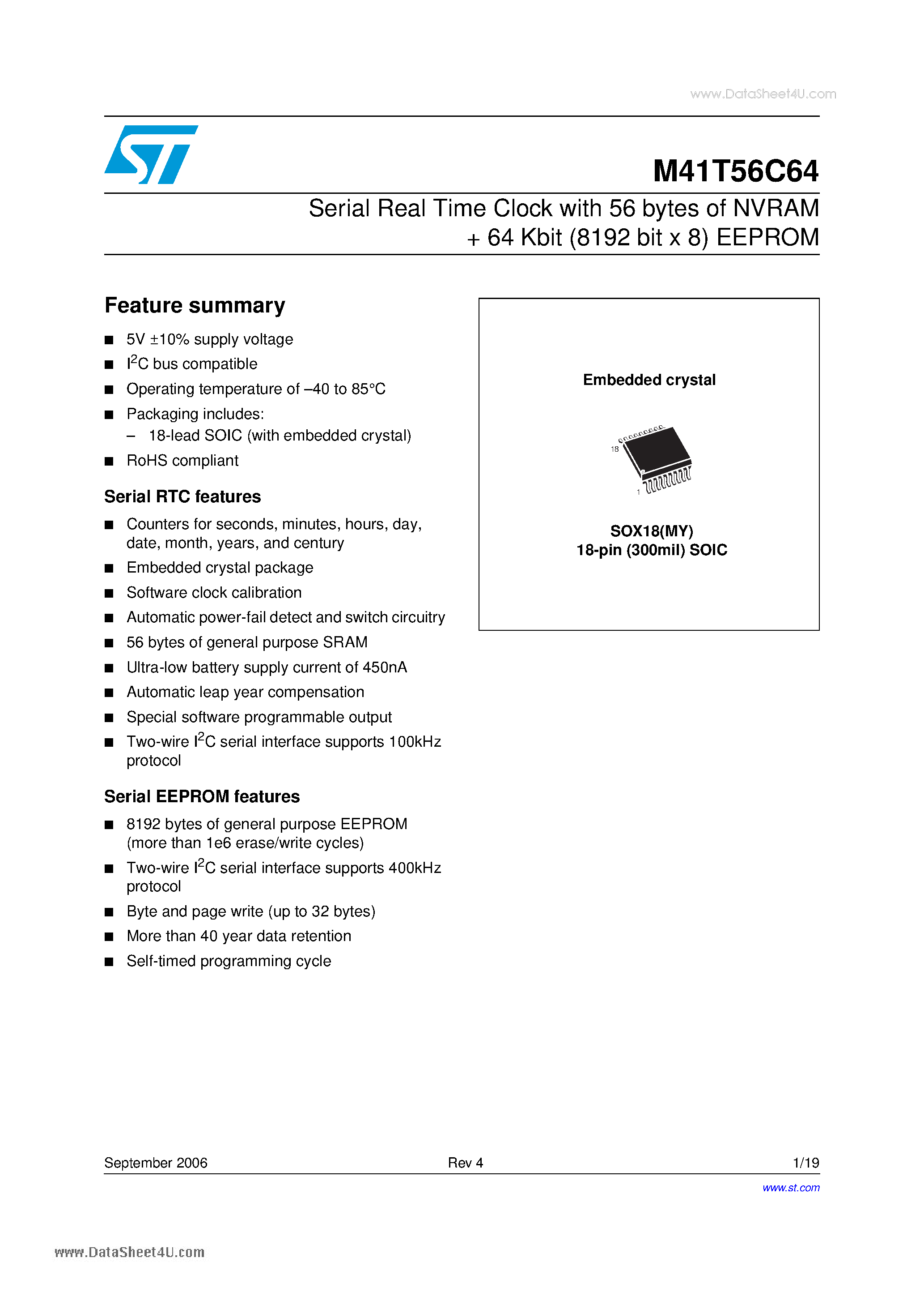 Datasheet M41T56C64 - Serial Real Time Clock page 1