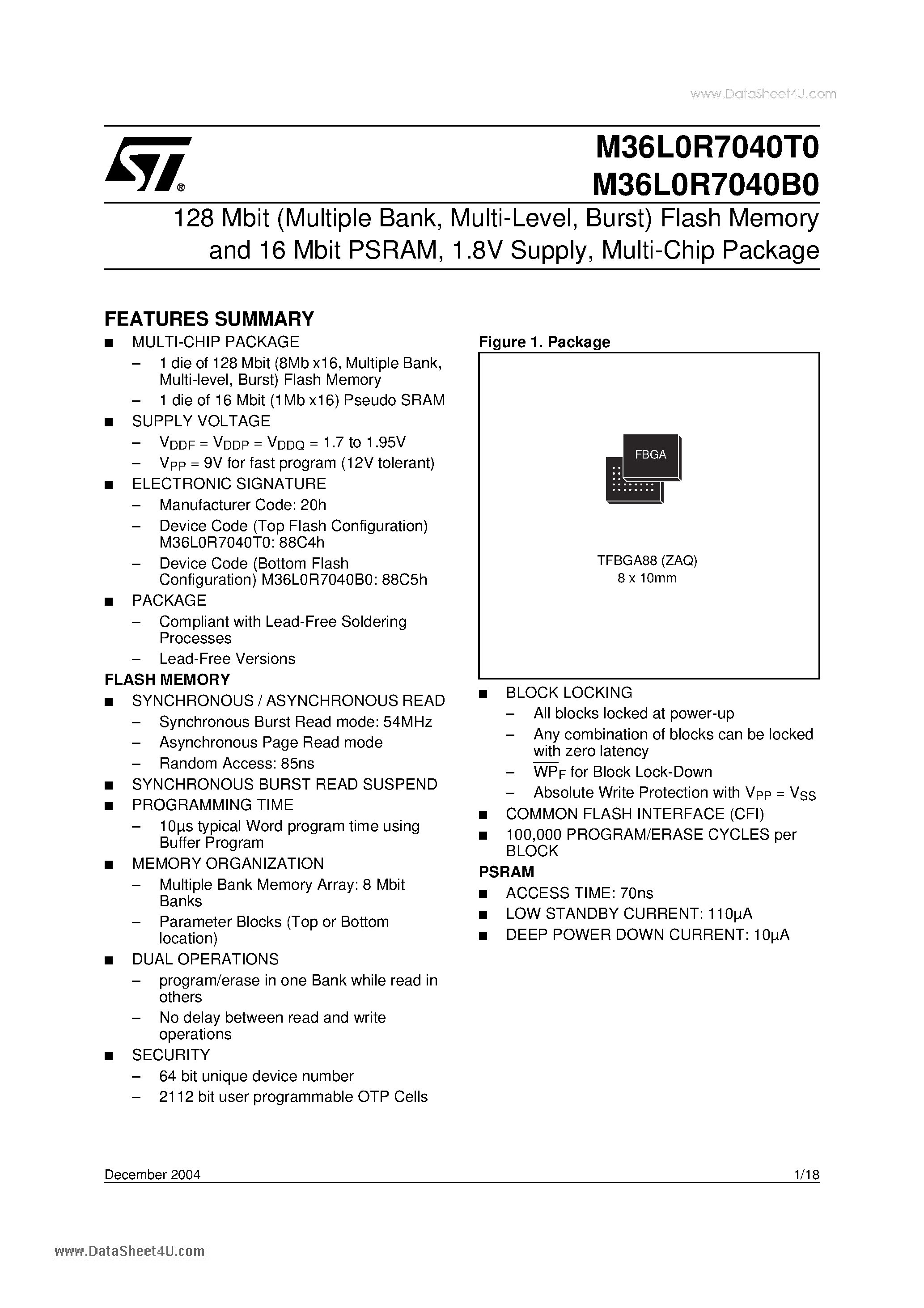 Datasheet M36L0R7040B0 - 128 Mbit Flash Memory and 16 Mbit PSRAM 1.8V Supply Multi-Chip Package page 1