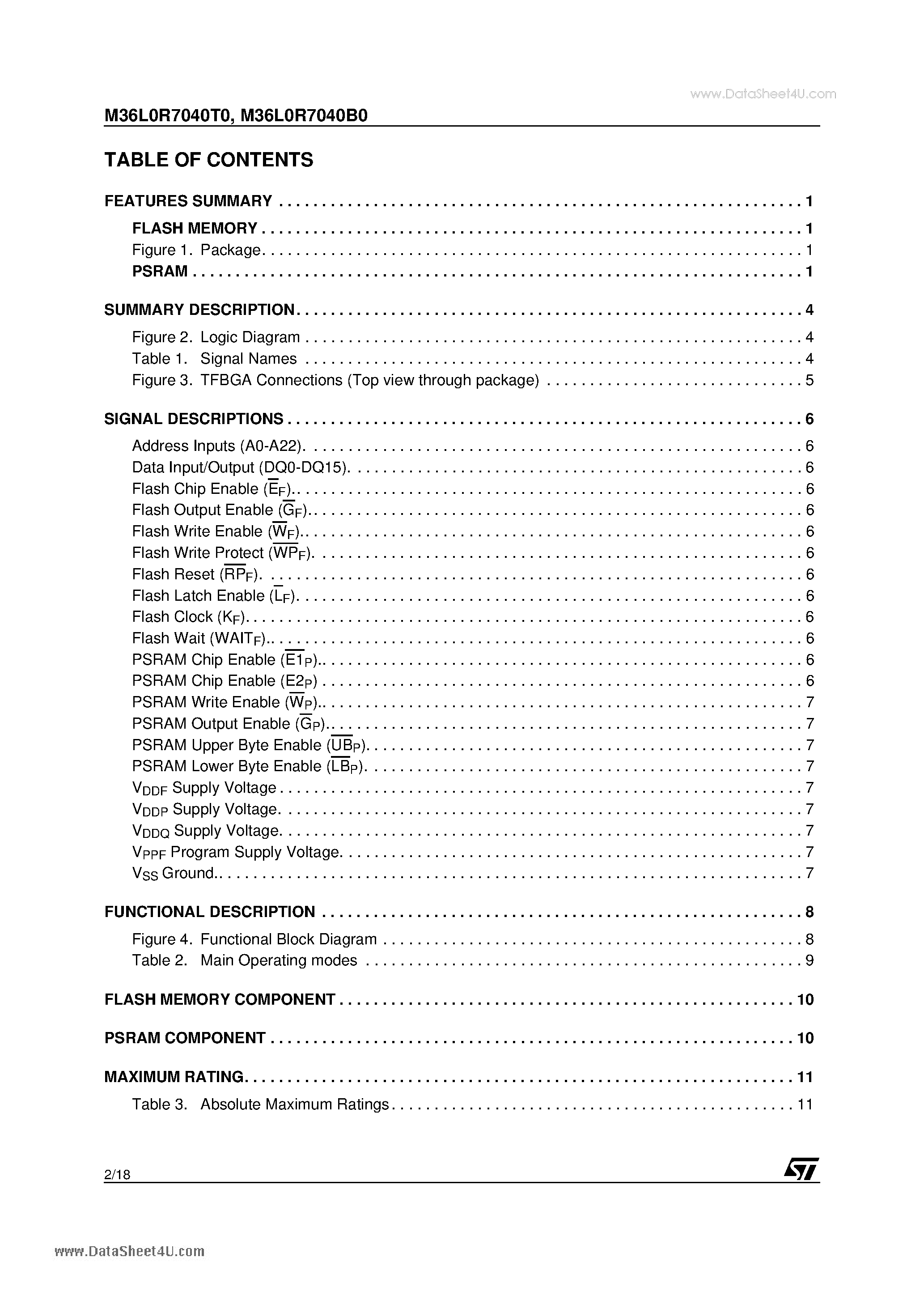 Datasheet M36L0R7040B0 - 128 Mbit Flash Memory and 16 Mbit PSRAM 1.8V Supply Multi-Chip Package page 2