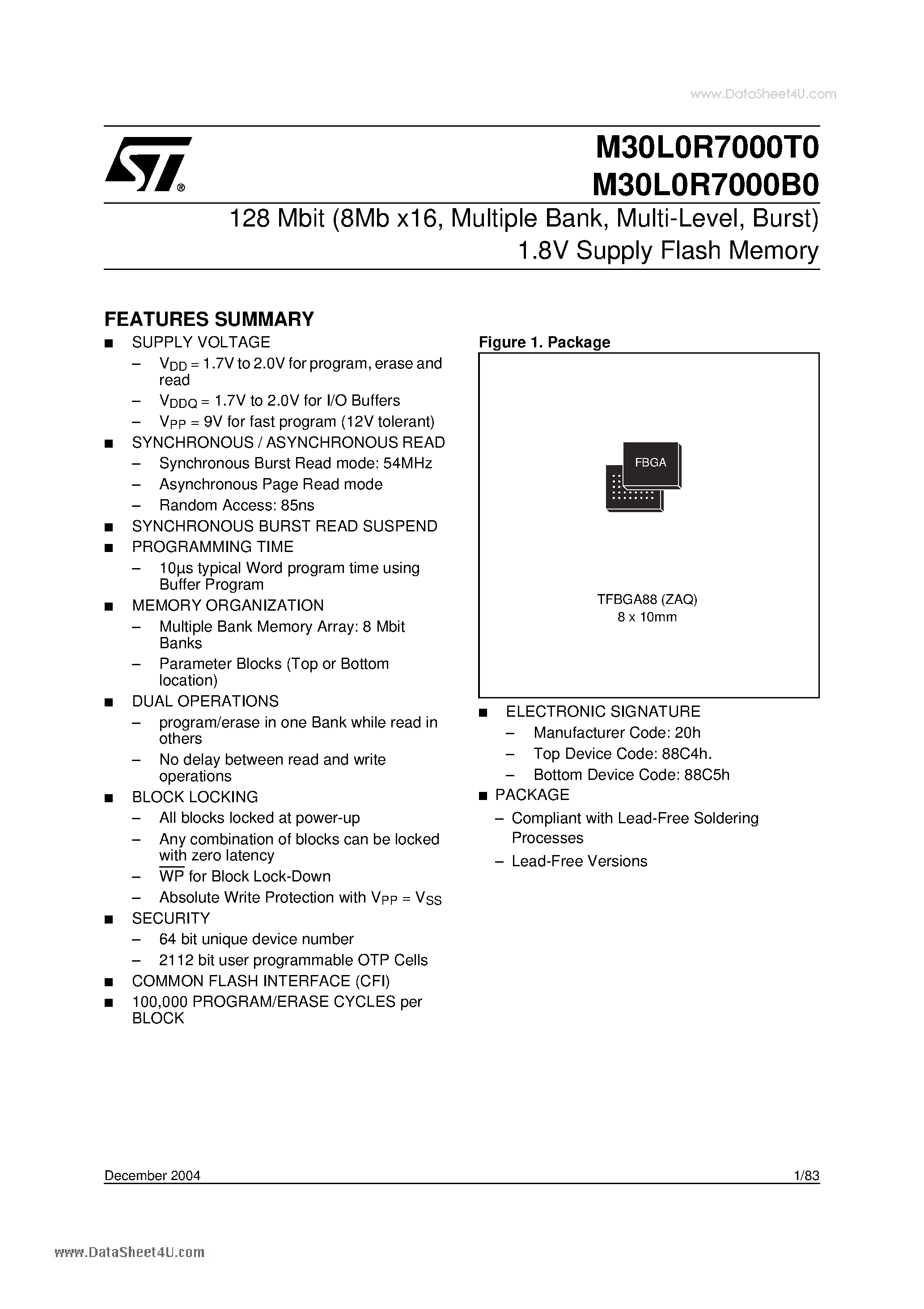 Datasheet M30L0R7000B0 - 128 Mbit (8Mb x16 Multiple Bank Multi-Level Burst) 1.8V Supply Flash Memory page 1