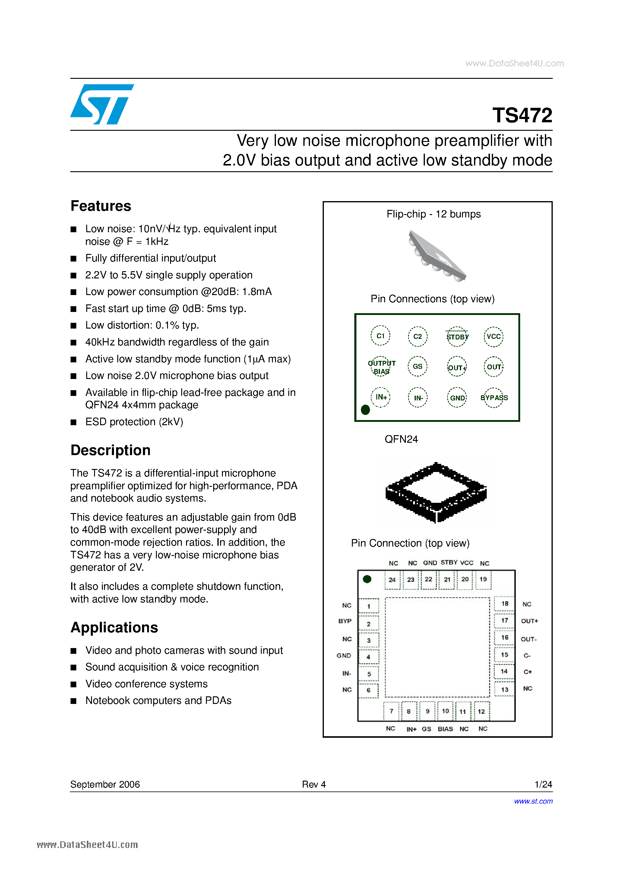 Datasheet TS472 - Very low noise microphone preamplifier page 1