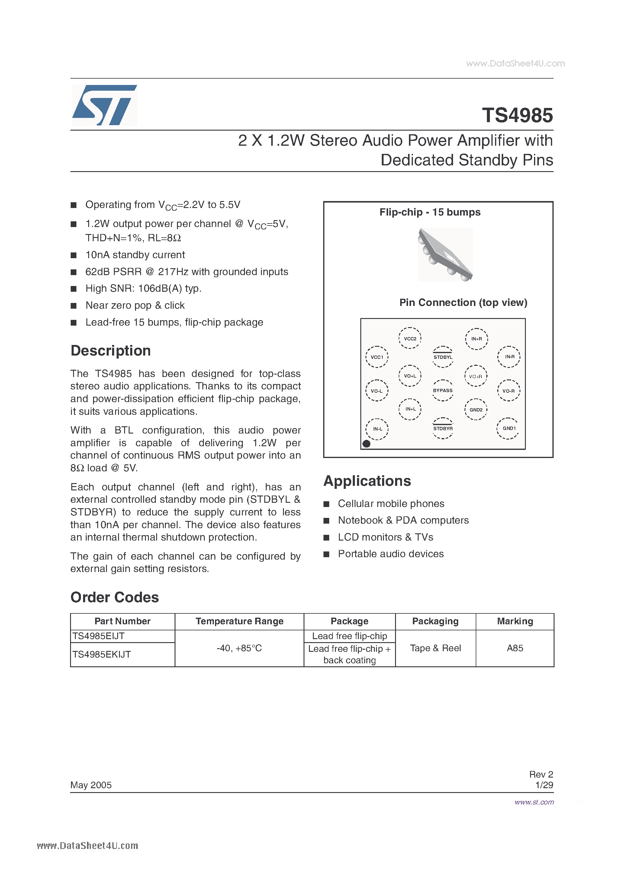 Datasheet TS4985 page 1 Datasheet TS4985 - 2x1.2w Stereo Audio Power Amplifier page 1