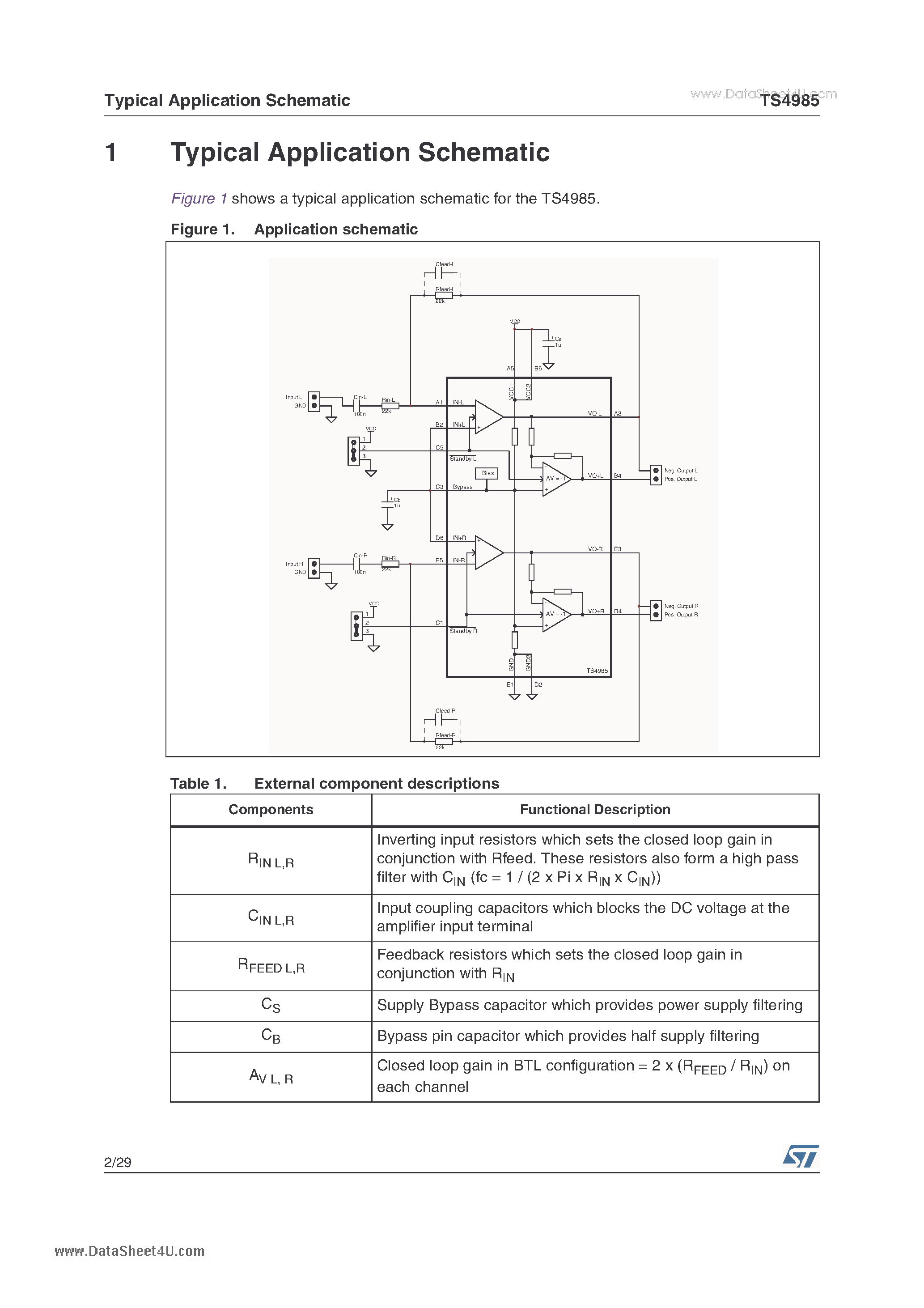Datasheet TS4985 - 2x1.2w Stereo Audio Power Amplifier page 2