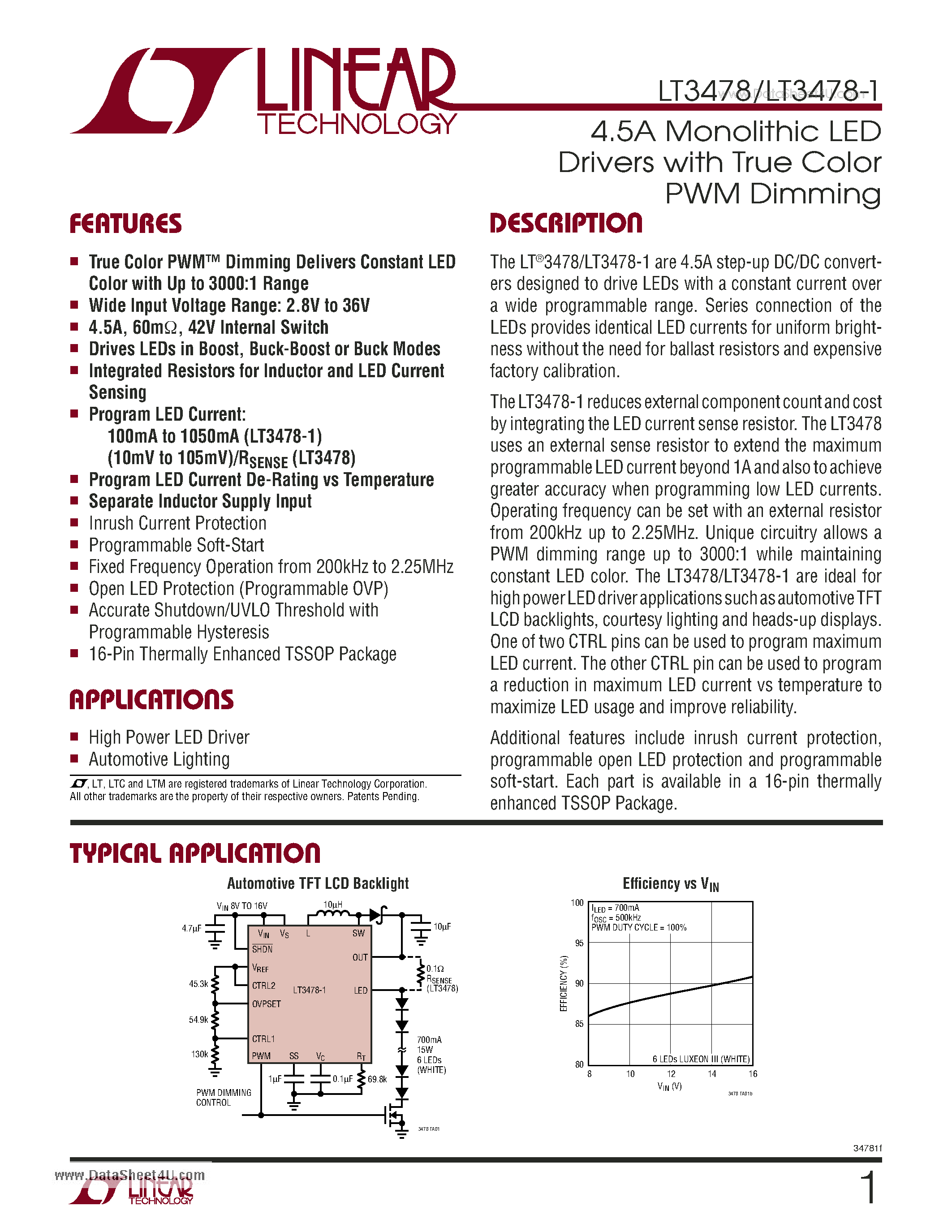 Datasheet LT3478 - 4.5A Monolithic LED page 1