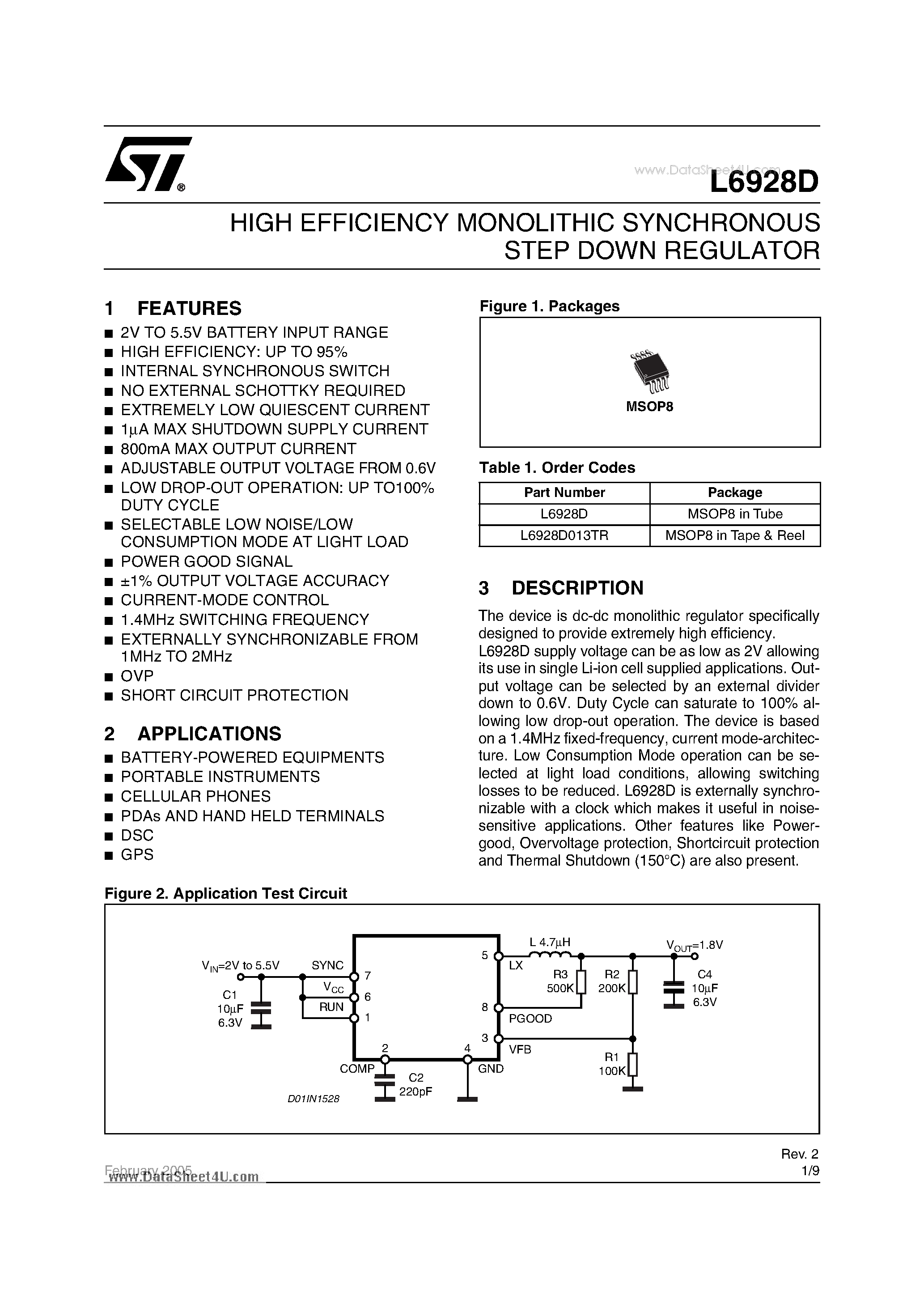 Даташит на микросхему L6928D страница 1 Даташит L6928D - HIGH EFFICIENCY MONOLITHIC SYNCHRONOUS STEP DOWN REGULATOR страница 1
