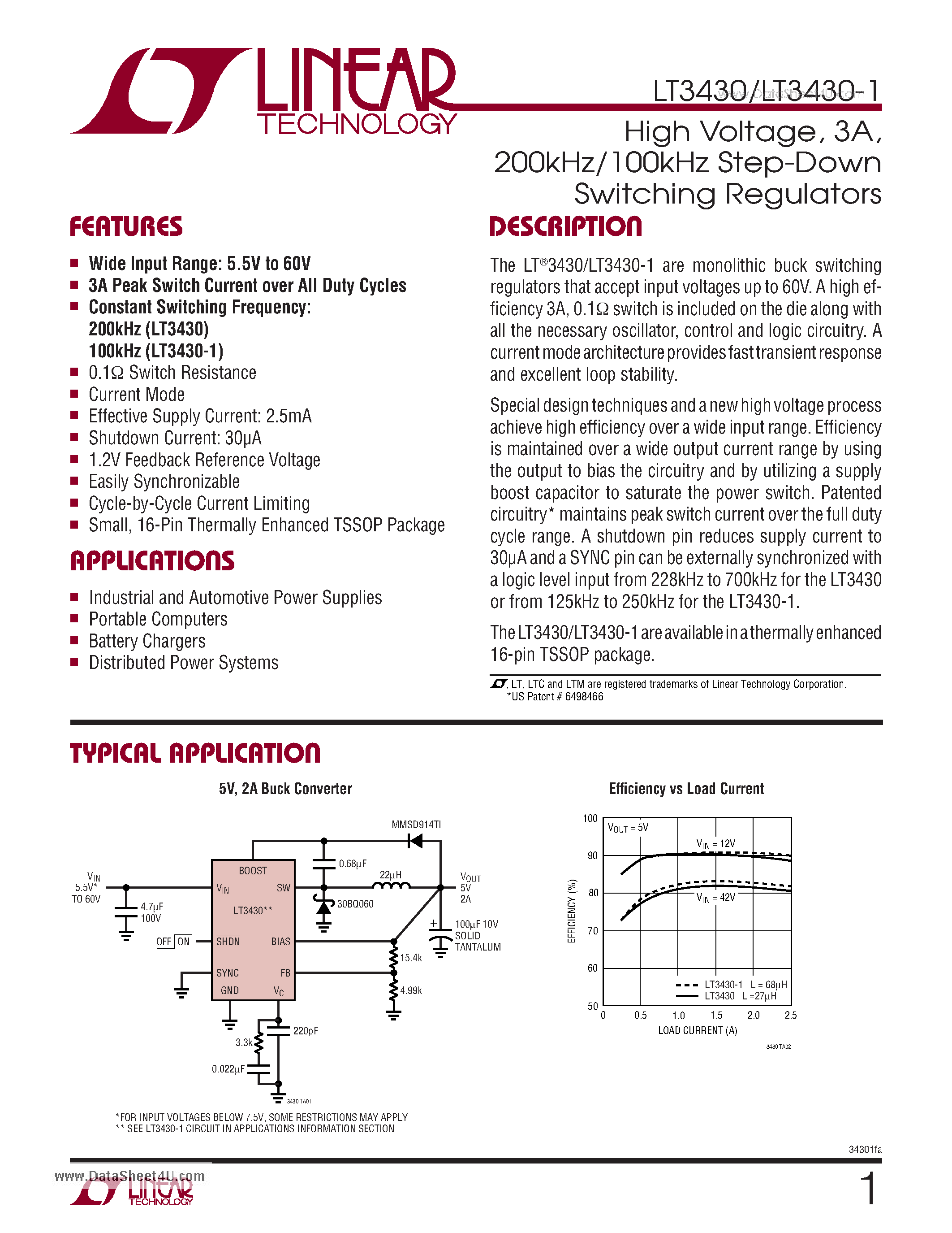 Даташит LT3430 - High Voltage 3A & 200kHz/100kHz Step-Down Switching Regulators страница 1