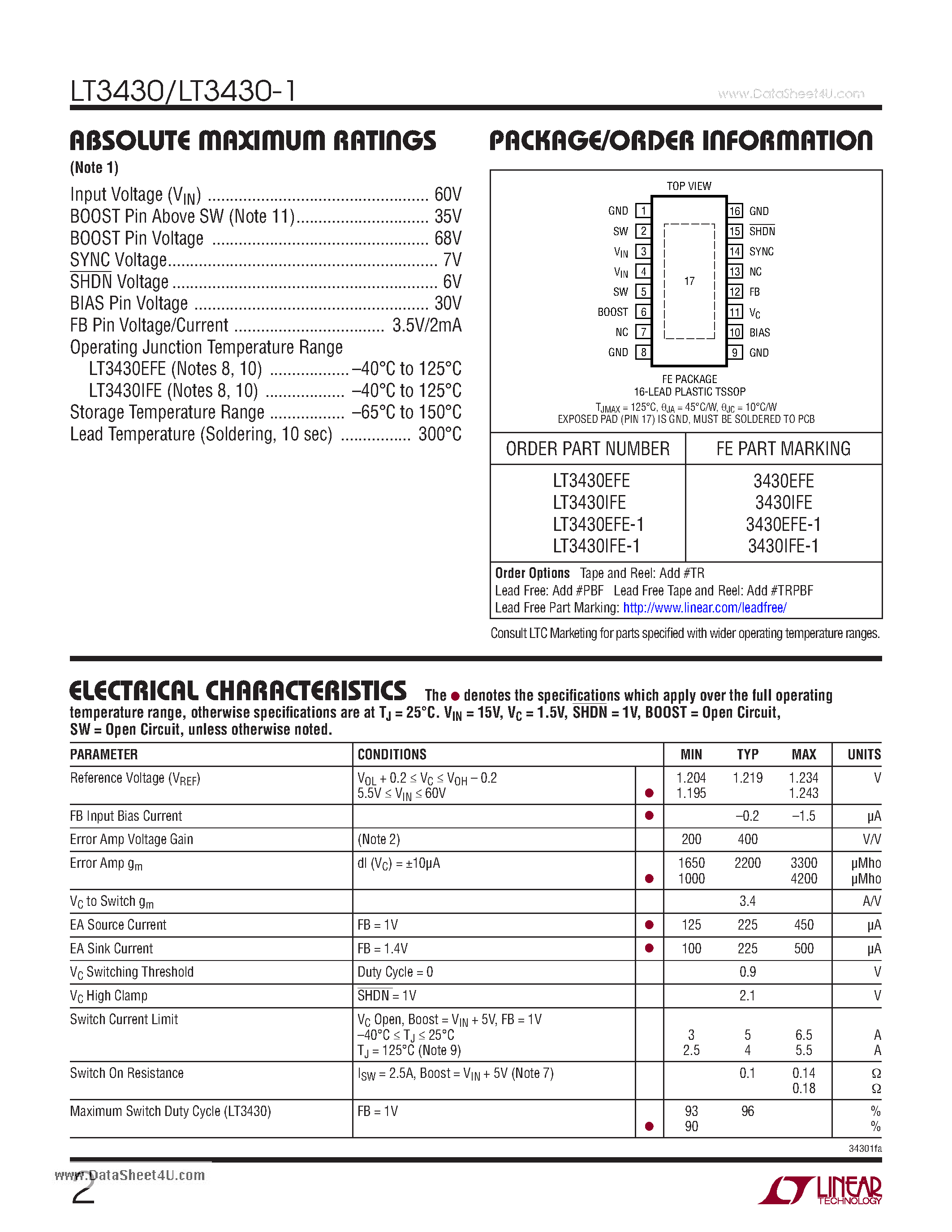 Даташит LT3430 - High Voltage 3A & 200kHz/100kHz Step-Down Switching Regulators страница 2
