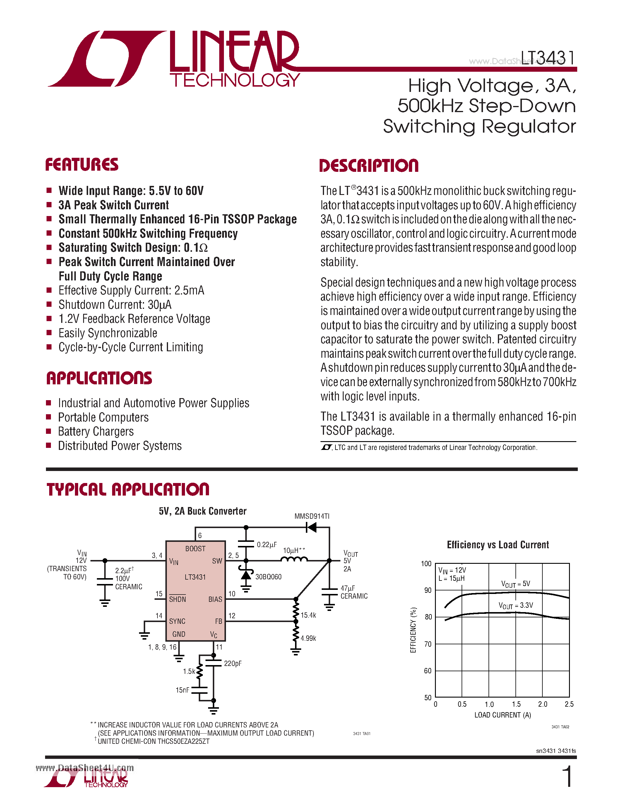 Datasheet LT3431 - High Voltage 3A & 500kHz Step-Down Switching Regulator page 1
