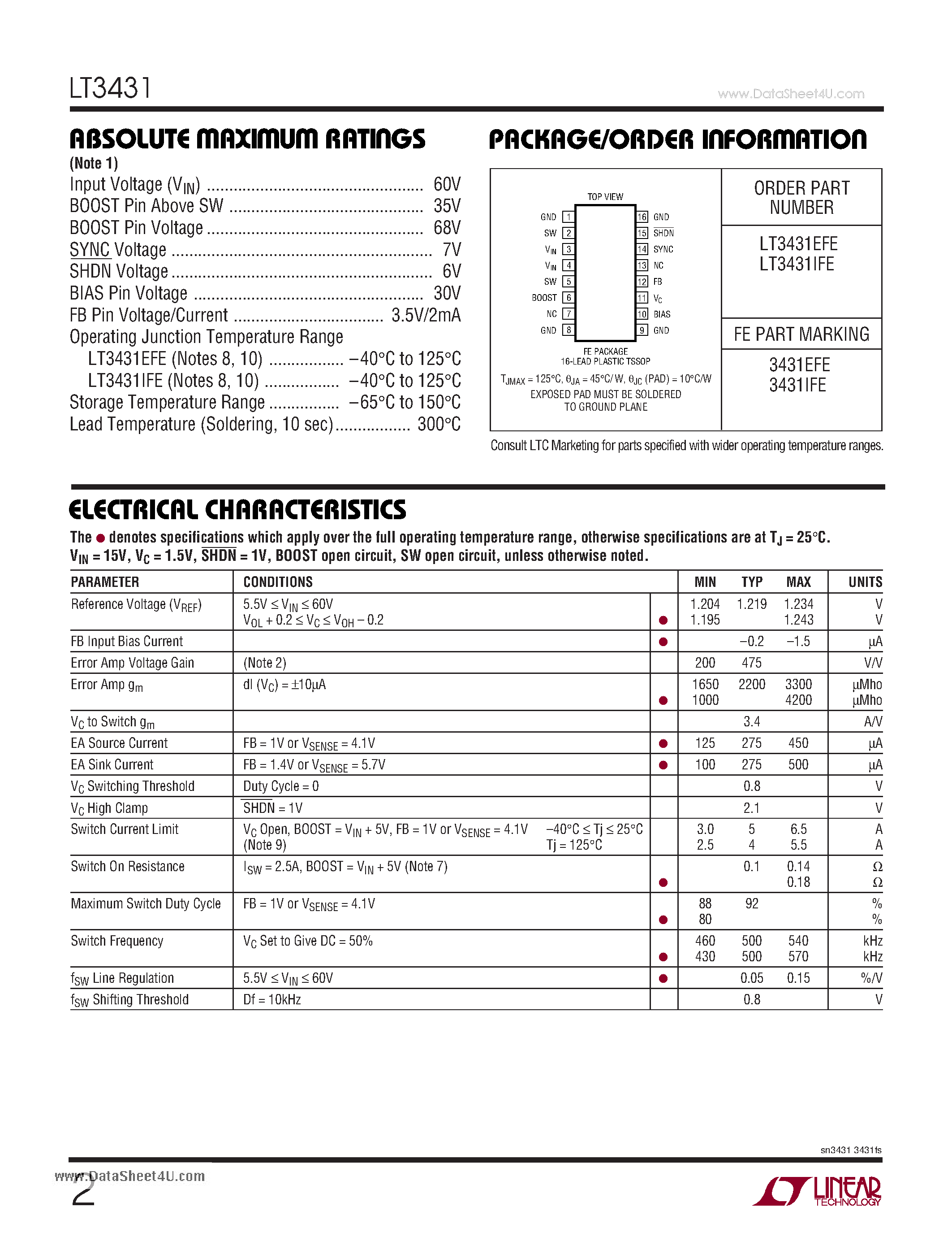 Datasheet LT3431 - High Voltage 3A & 500kHz Step-Down Switching Regulator page 2