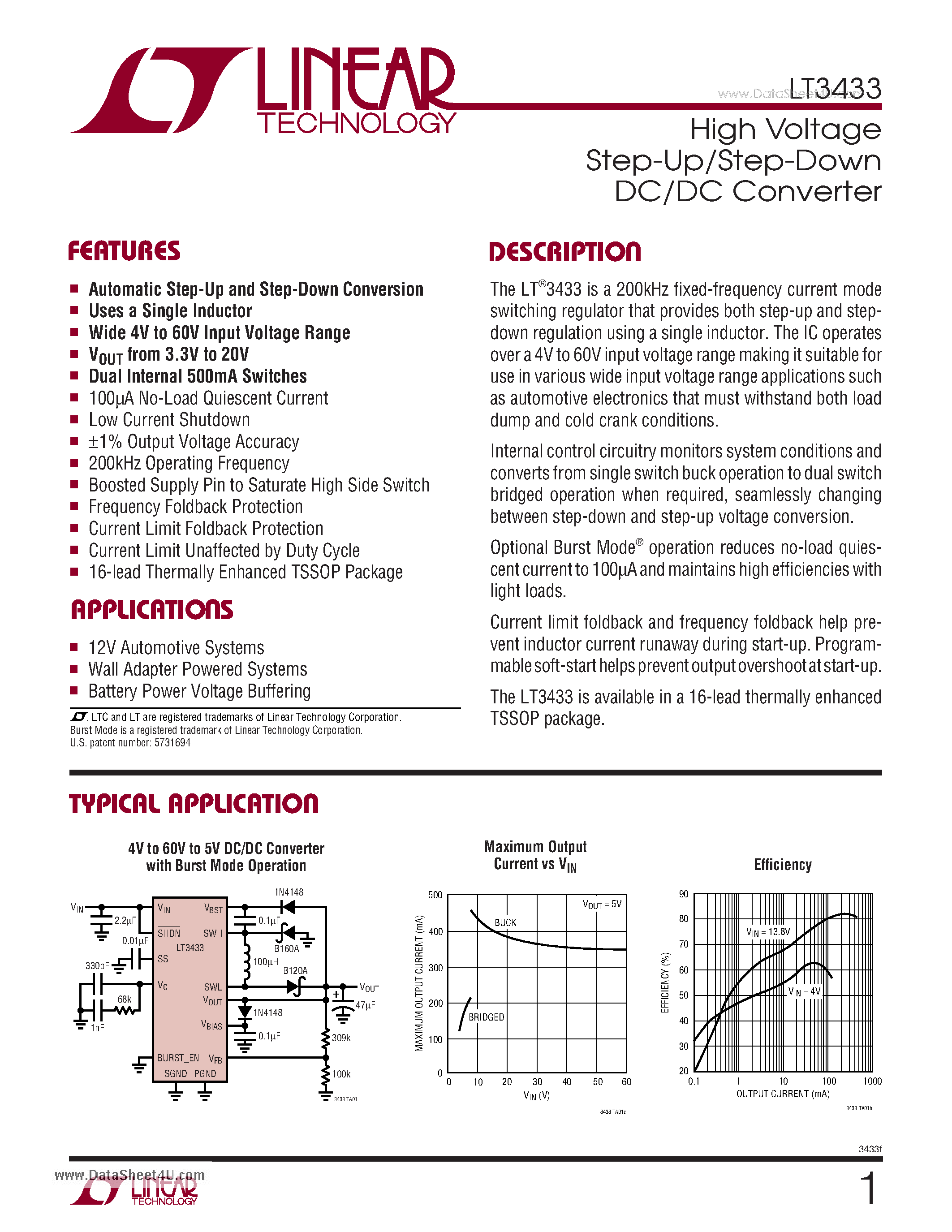 Даташит LT3433 - High Voltage Step-Up/Step-Down DC/DC Converter страница 1