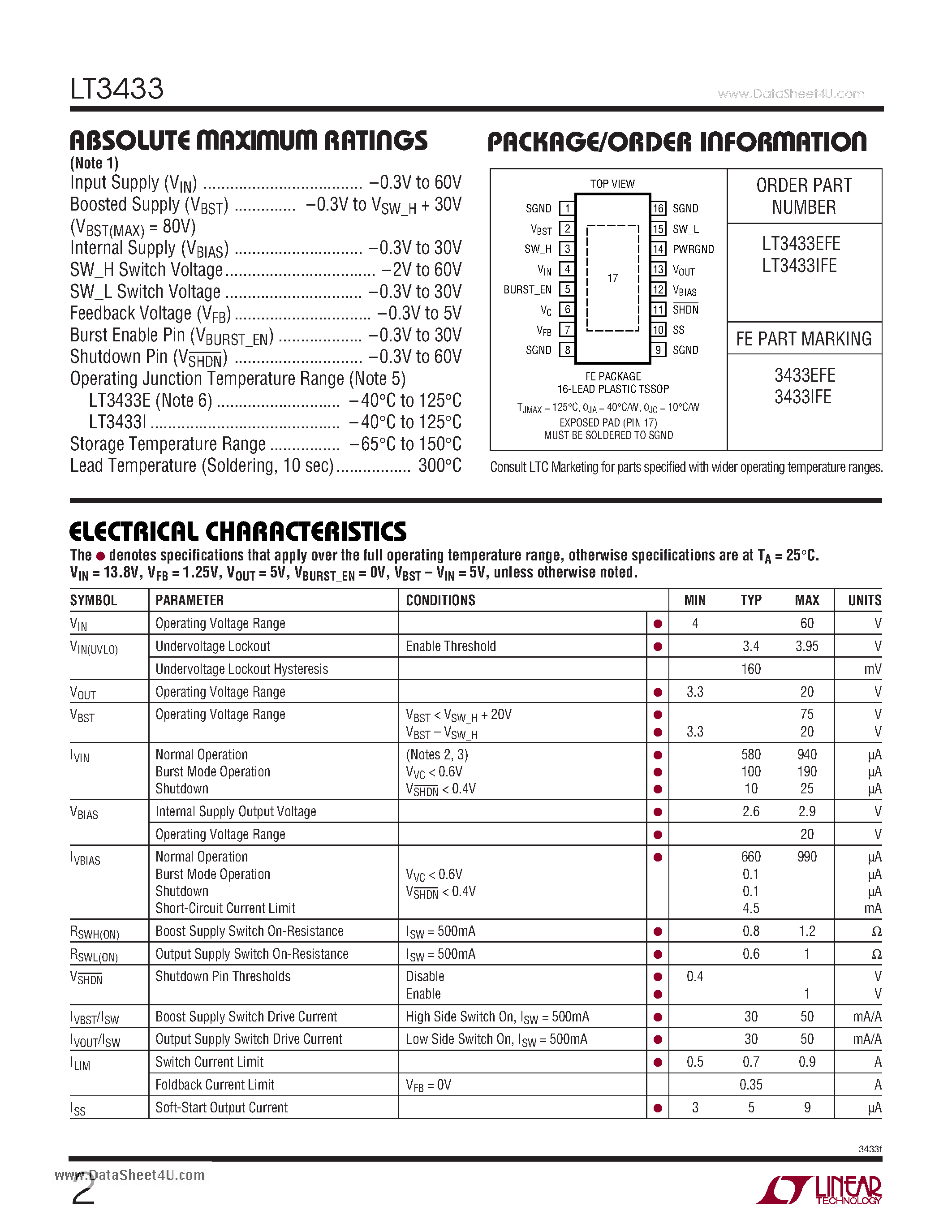 Даташит LT3433 - High Voltage Step-Up/Step-Down DC/DC Converter страница 2
