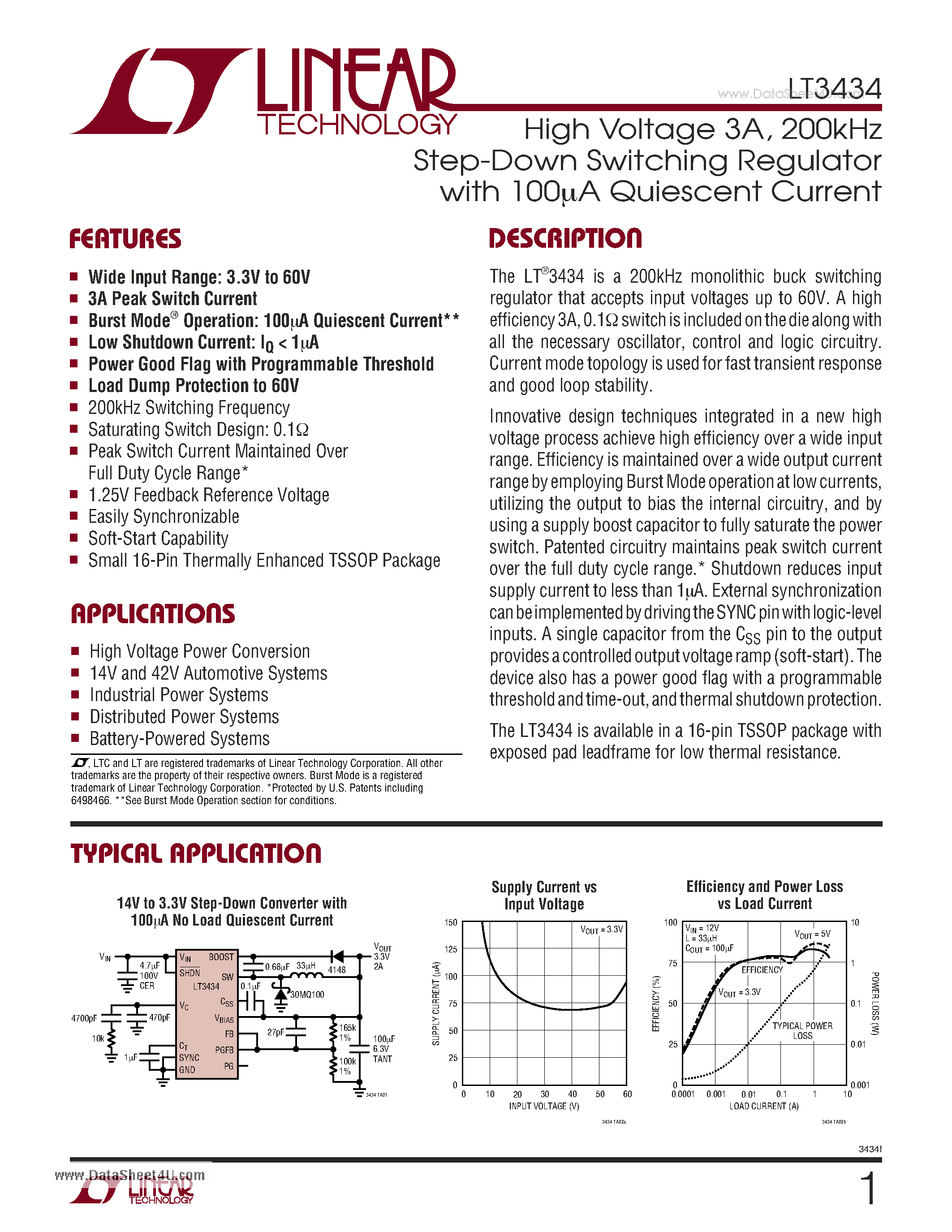 Datasheet LT3434 - High Voltage 3A & 200kHz Step-Down Switching Regulator page 1