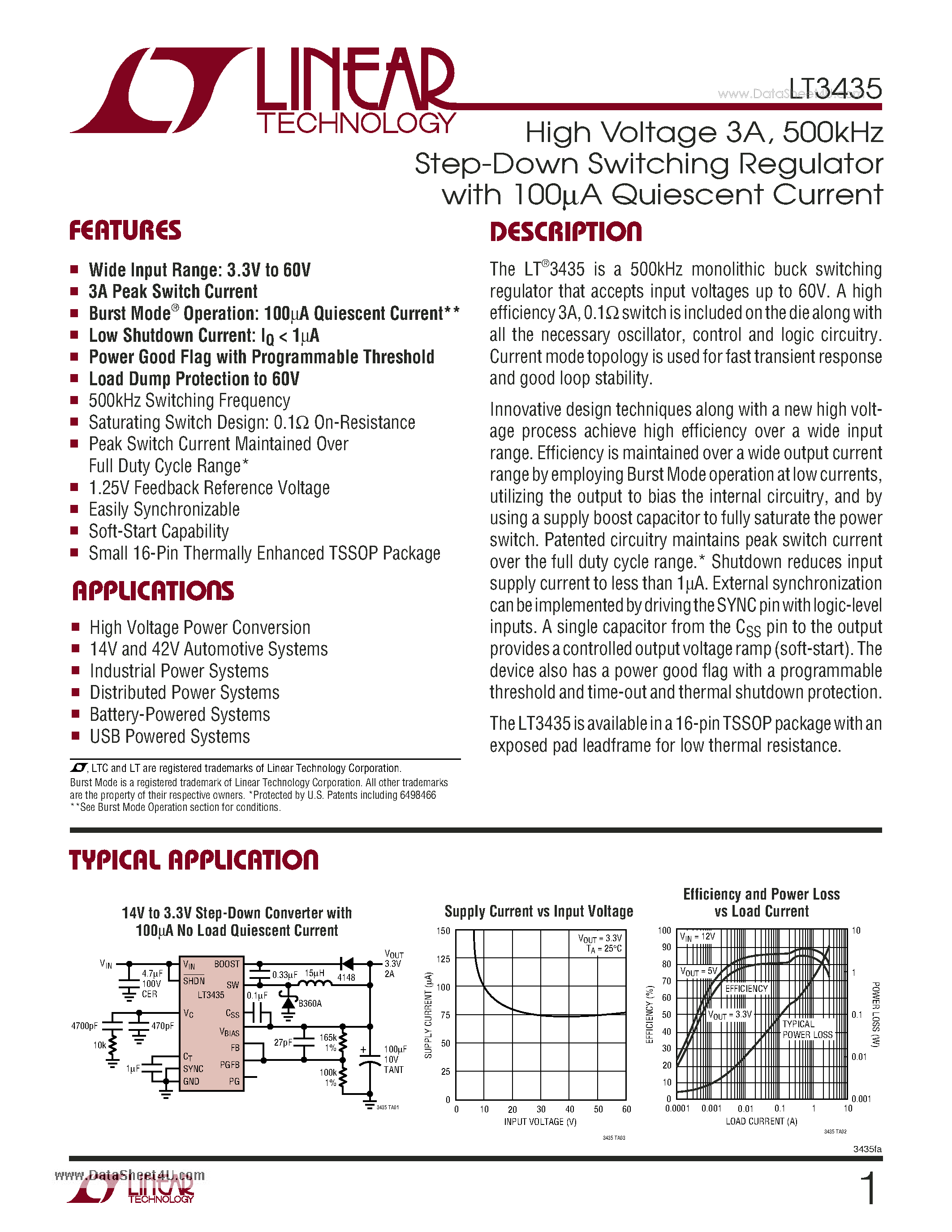 Datasheet LT3435 - High Voltage 3A & 500kHz Step-Down Switching Regulator page 1