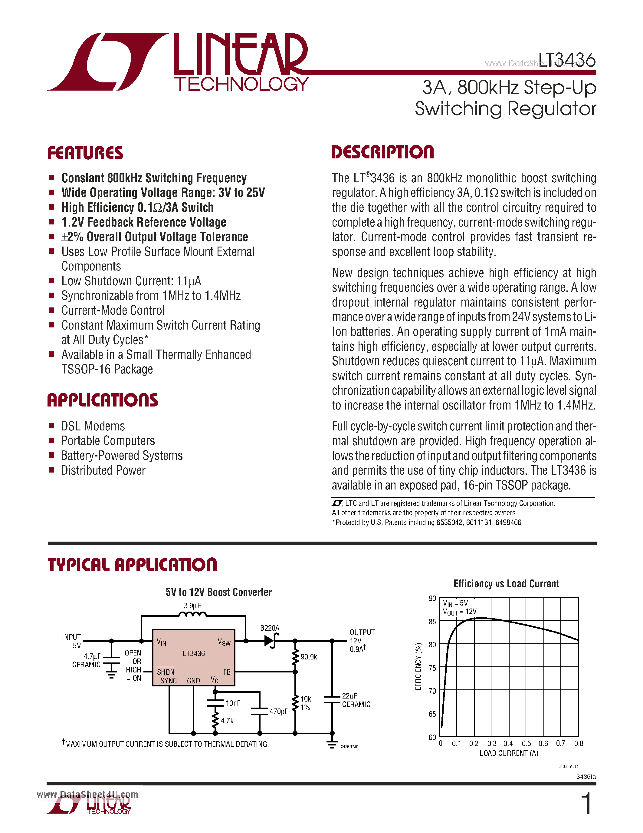 Datasheet LT3436 - 3A & 800kHz Step-Up Switching Regulator page 1