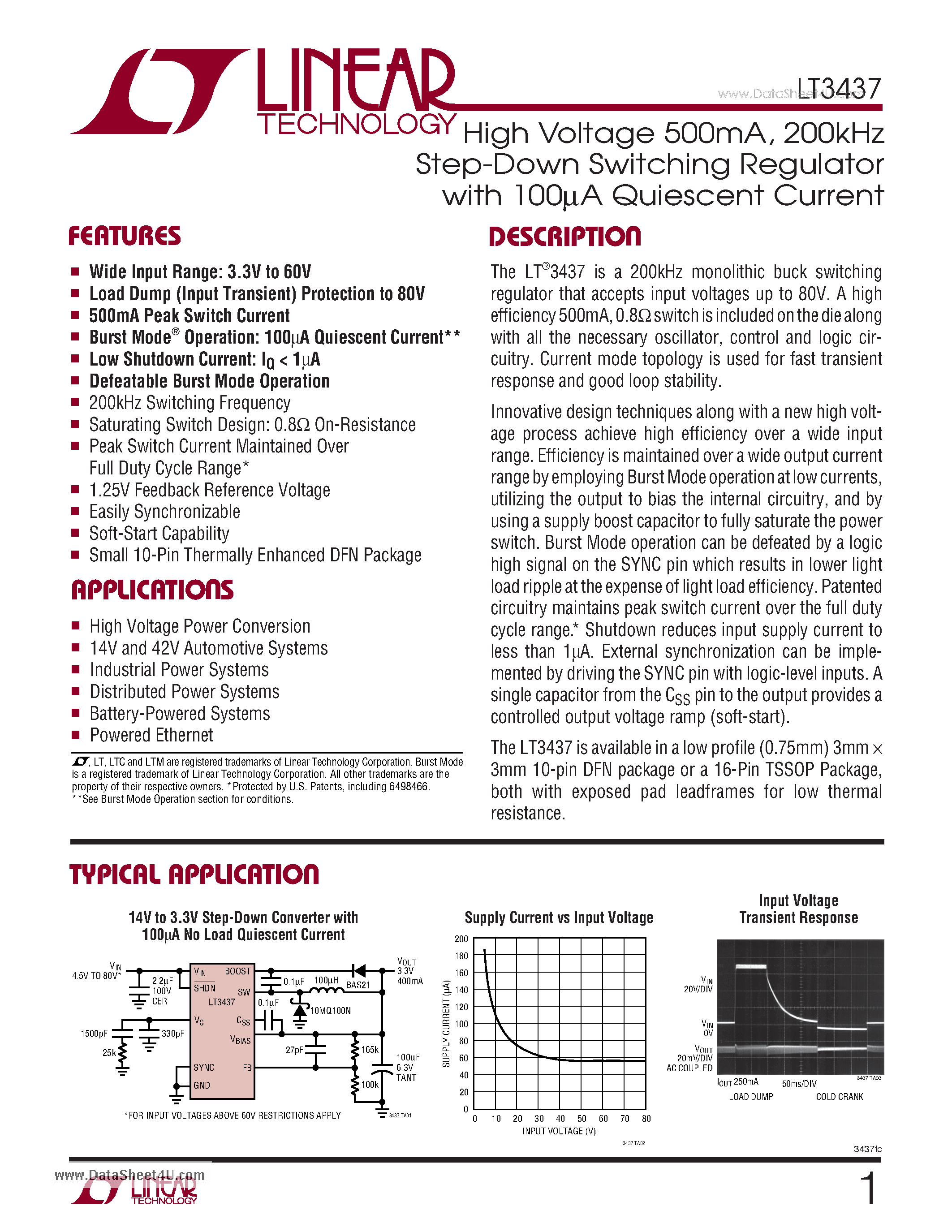 Datasheet LT3437 - High Voltage 500mA and 200kHz Step-Down Switching Regulator page 1