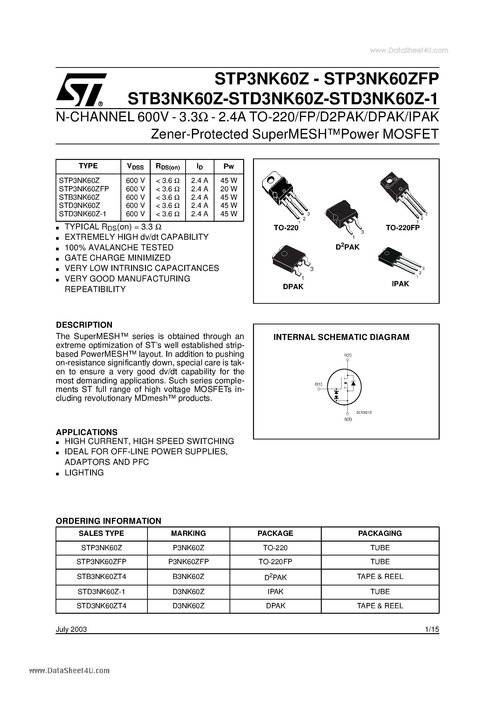 Datasheet P3NK60ZFP - Search -----> STP3NK60ZFP page 1