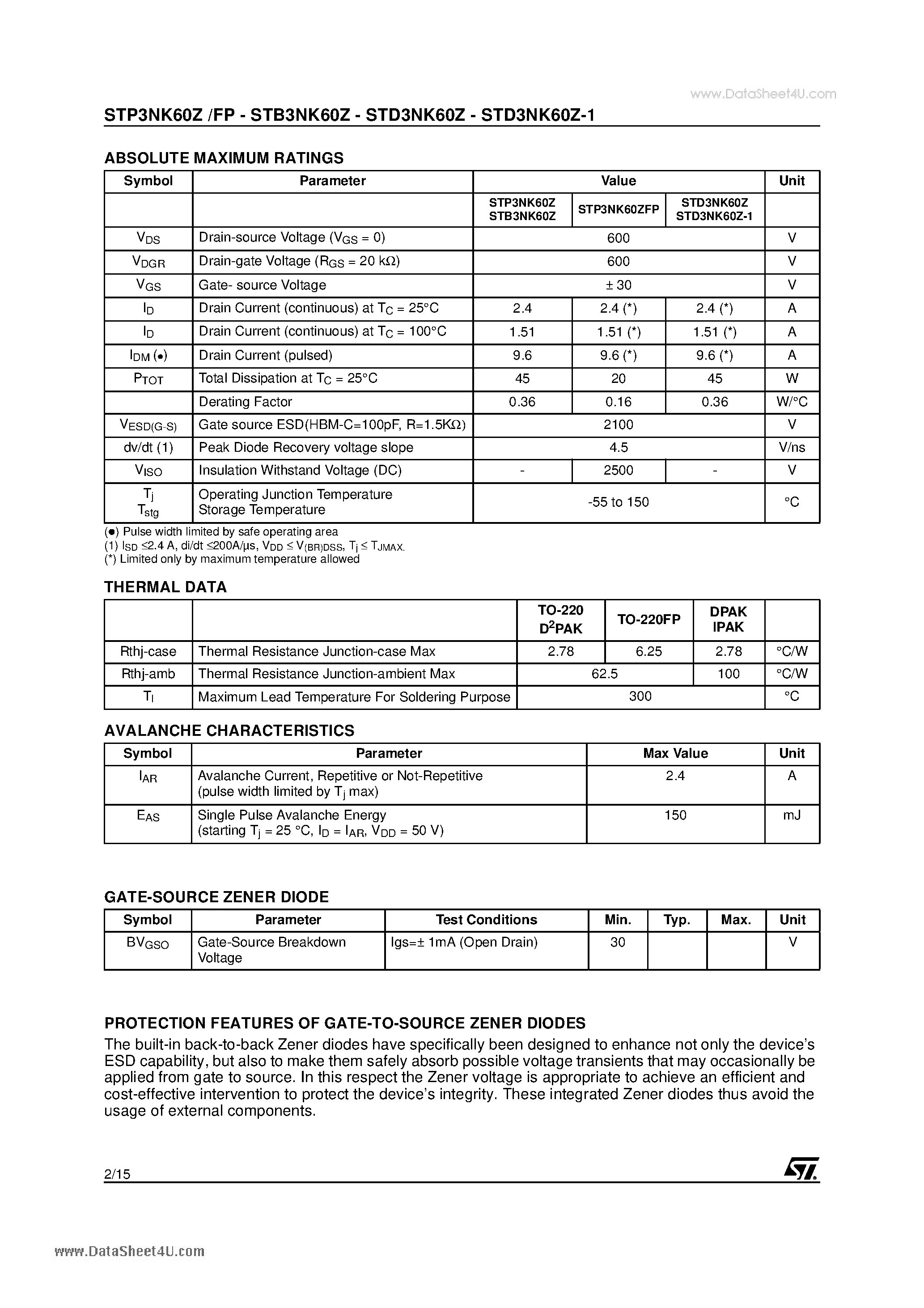 Datasheet P3NK60ZFP - Search -----> STP3NK60ZFP page 2