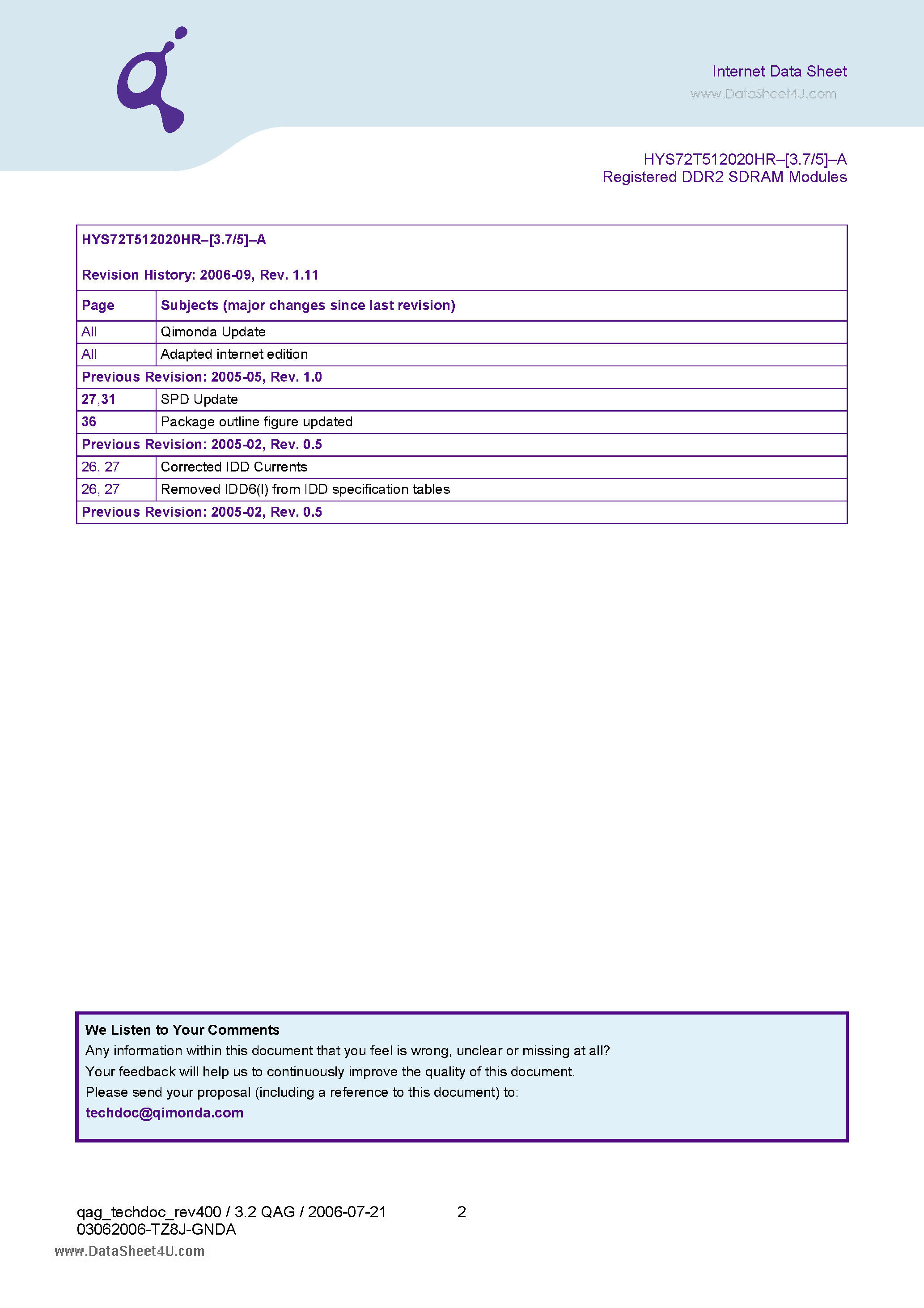 Даташит на микросхему HYS72T512020HR-3.7-A страница 2 Даташит HYS72T512020HR-3.7-A - 240-Pin Registered-DDR2-SDRAM Modules страница 2
