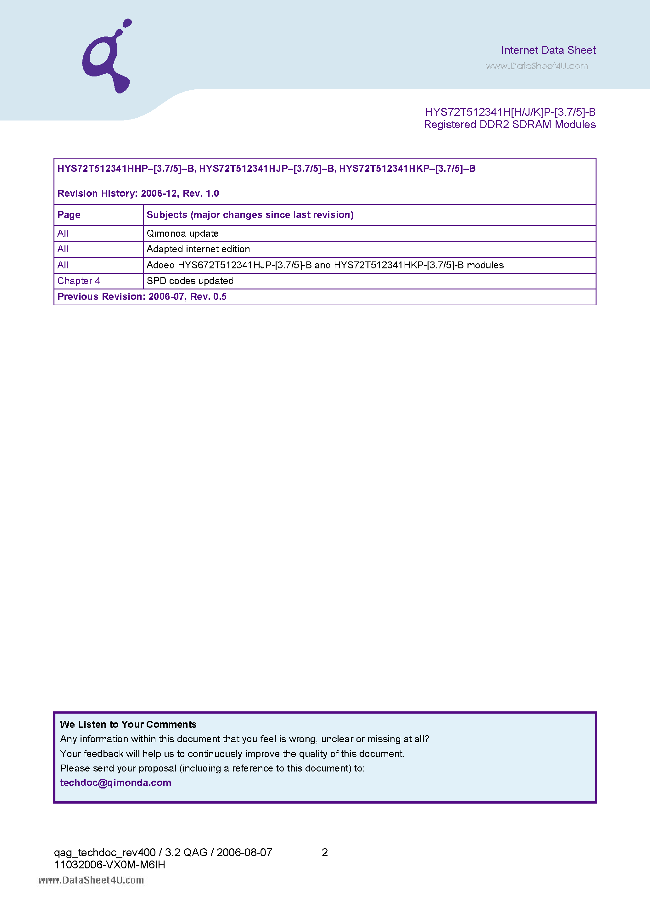 Даташит HYS72T512341HHP-3.7-B - 240-Pin Registered DDR2 SDRAM Modules страница 2