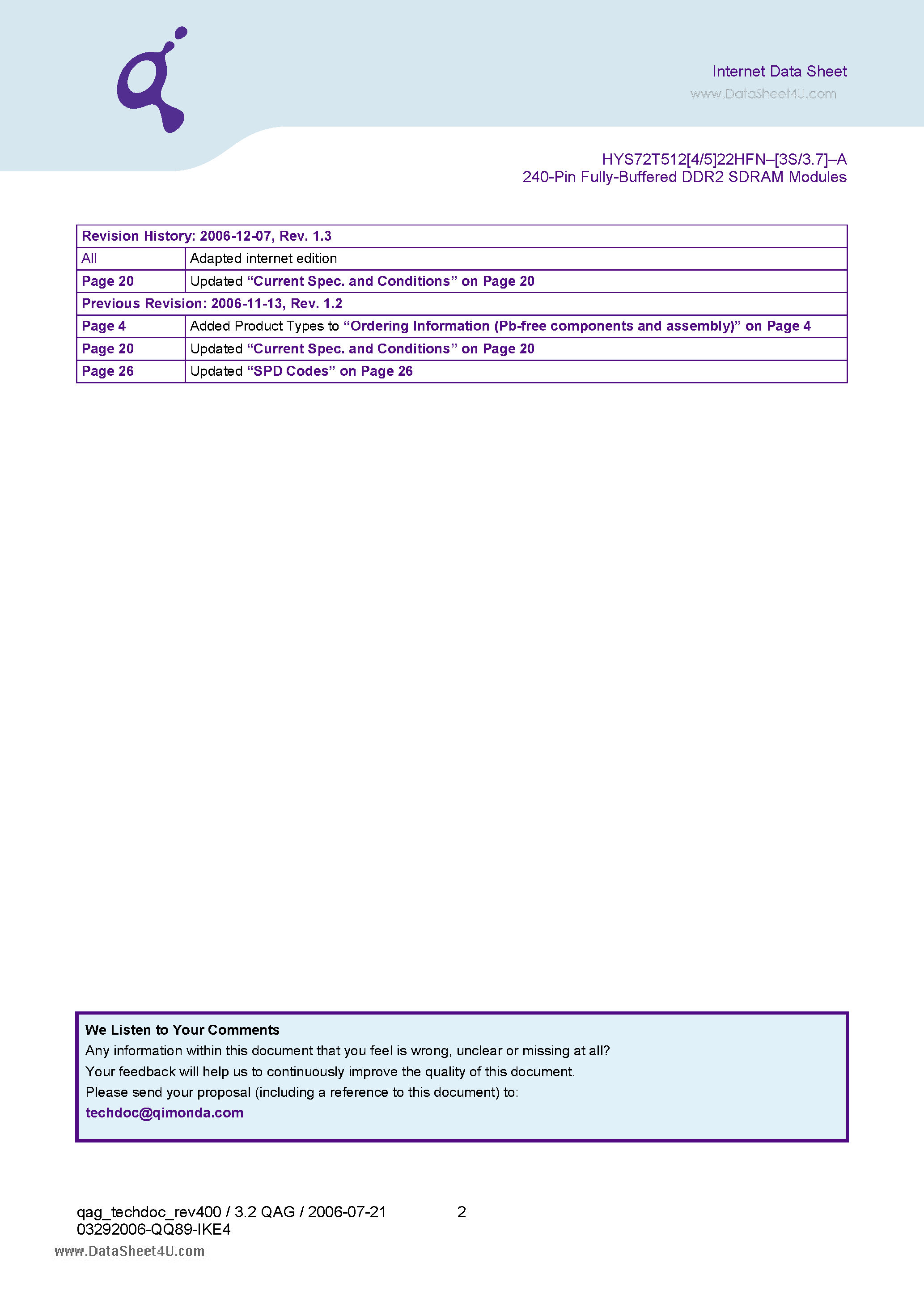 Datasheet HYS72T512422HFN-3.7-A page 2 Datasheet HYS72T512422HFN-3.7-A - 240-Pin Fully-Buffered DDR2 SDRAM Modules page 2