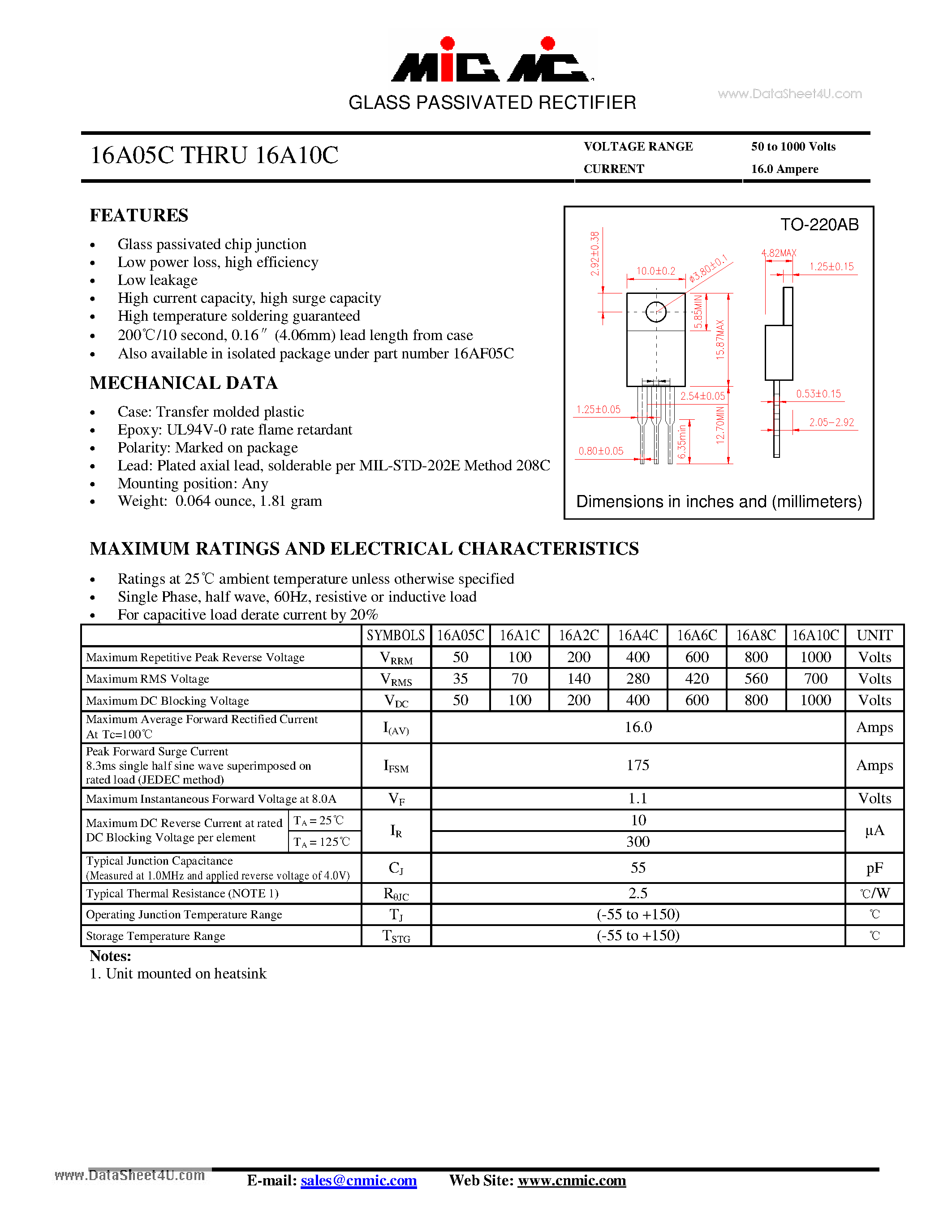 Datasheet 16A05C - (16A05C - 16A10C) GLASS PASSIVATED RECTIFIER page 1