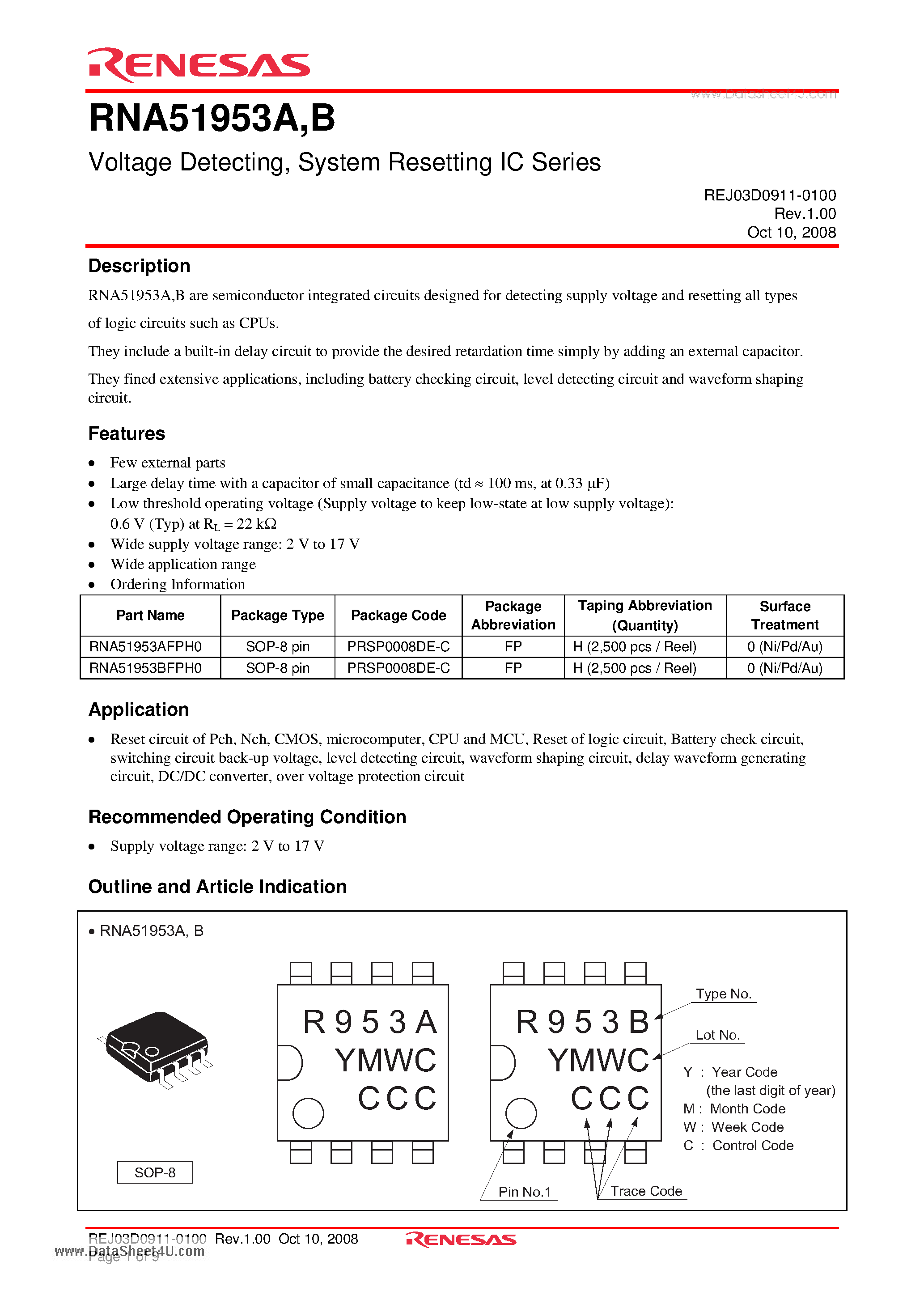 Datasheet RNA51953A - Voltage Detecting a System Resetting IC Series page 1