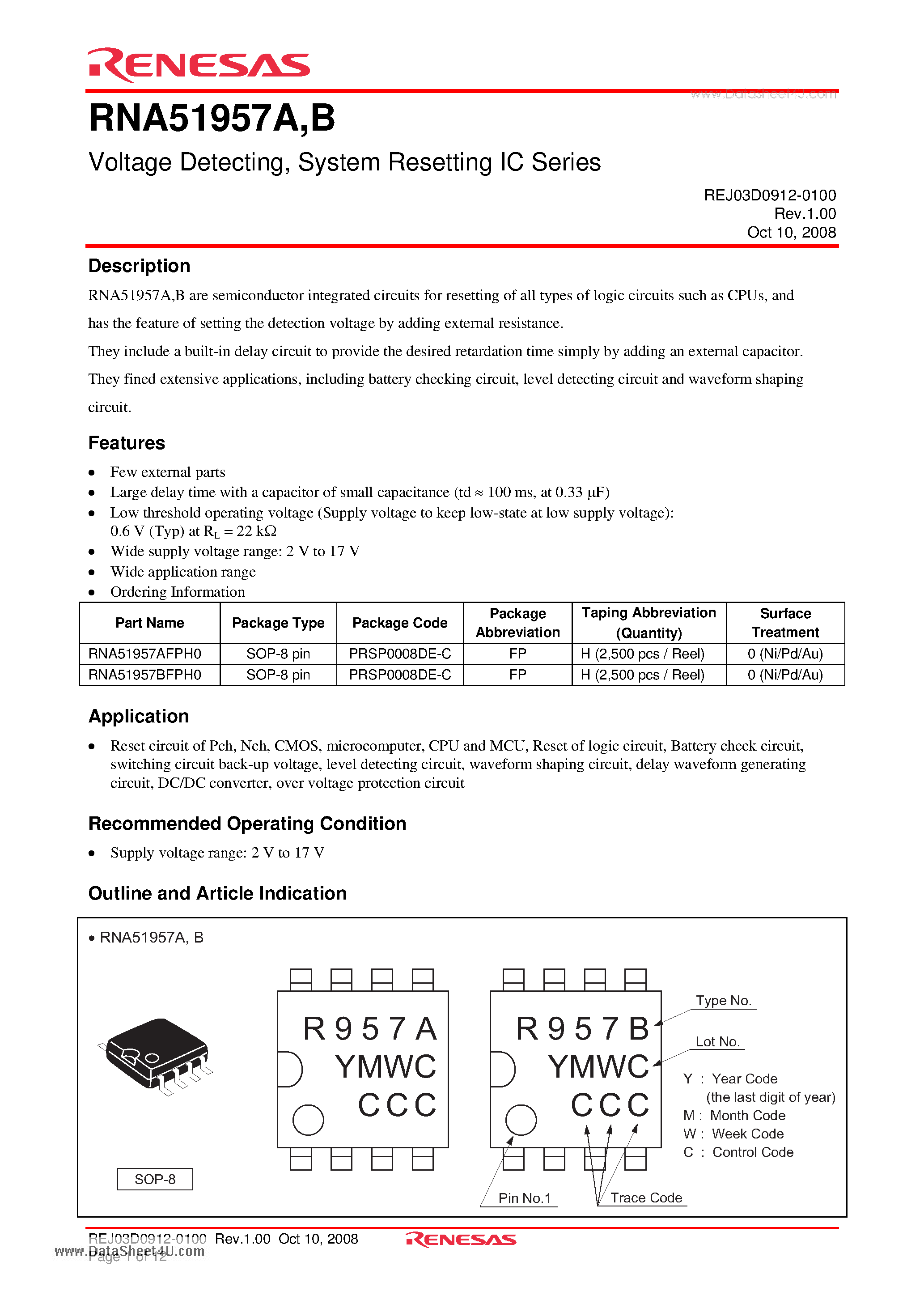 Datasheet RNA51957A - Voltage Detecting a System Resetting IC Series page 1