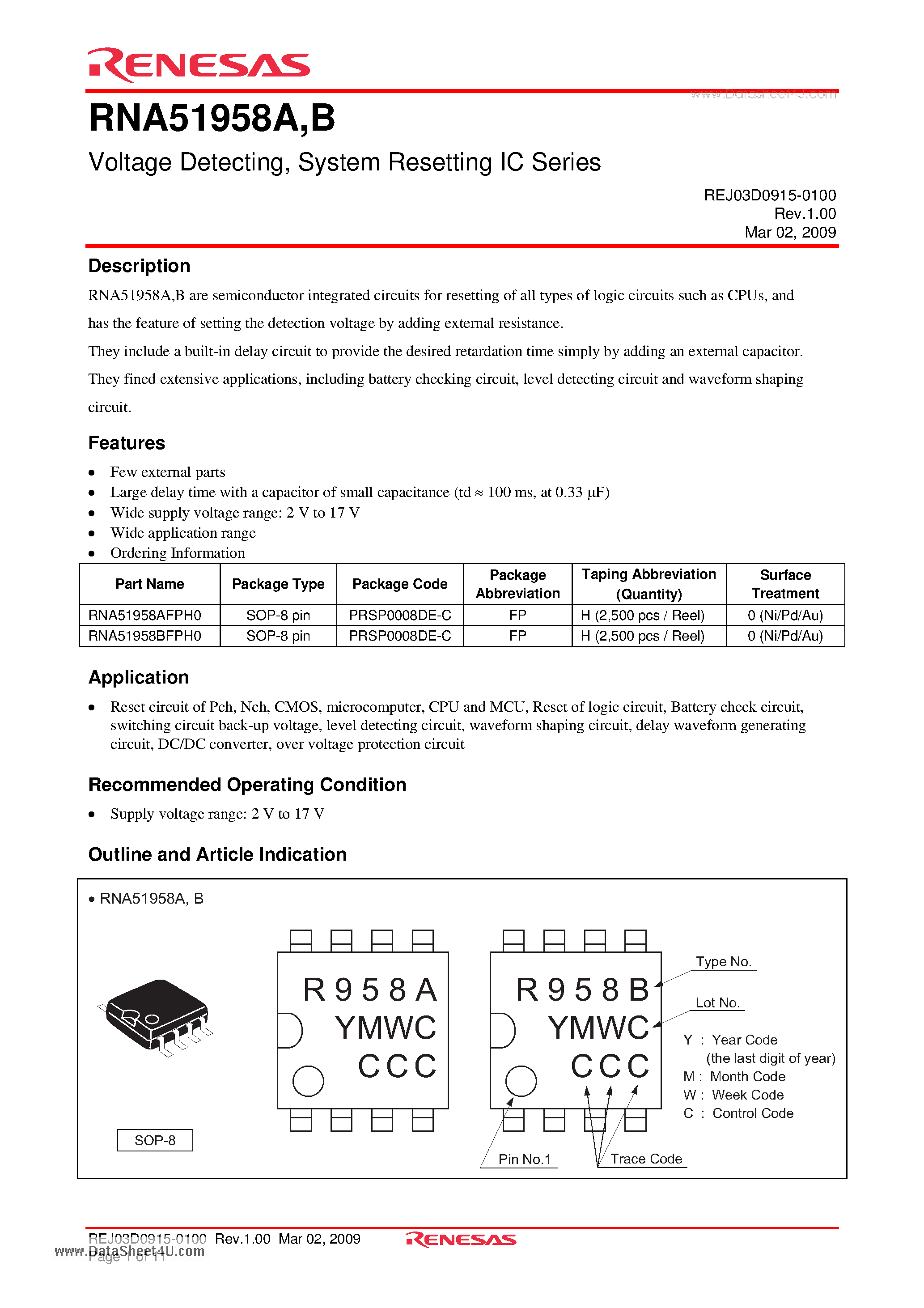 Datasheet RNA51958A - Voltage Detecting a System Resetting IC Series page 1