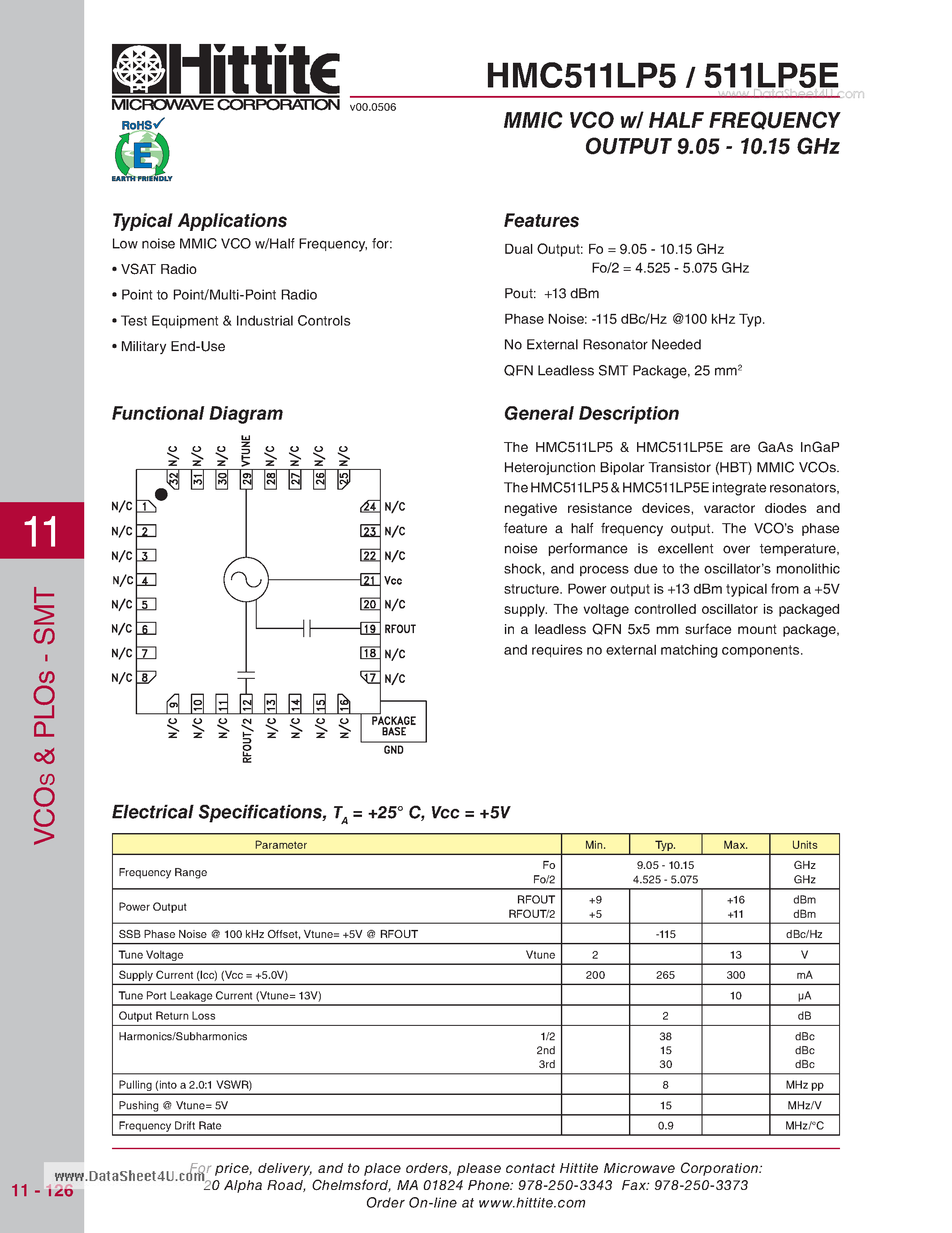 Даташит HMC511LP5 - MMIC VCO w/ HALF FREQUENCY OUTPUT 9.05 - 10.15 GHz страница 1