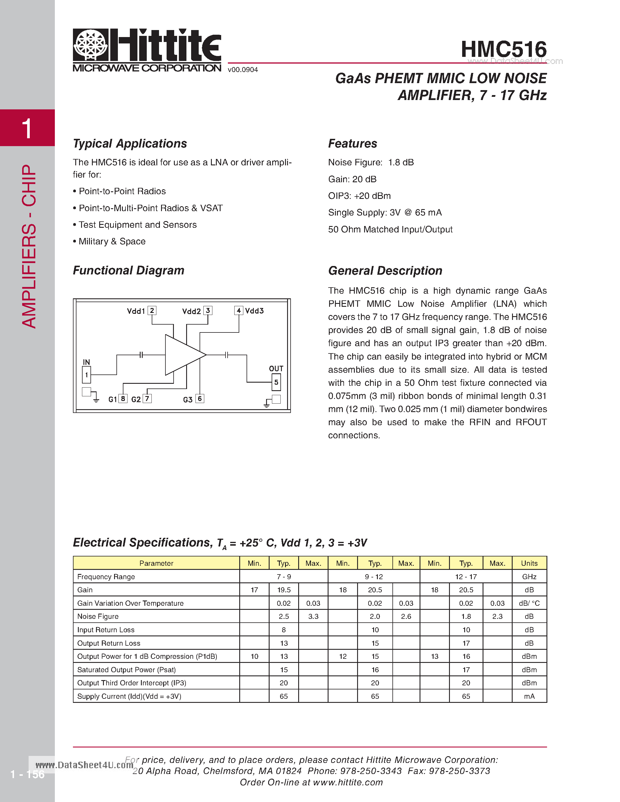 Datasheet HMC516 page 1 Datasheet HMC516 - GaAs PHEMT MMIC LOW NOISE AMPLIFIER 7 - 17 GHz page 1
