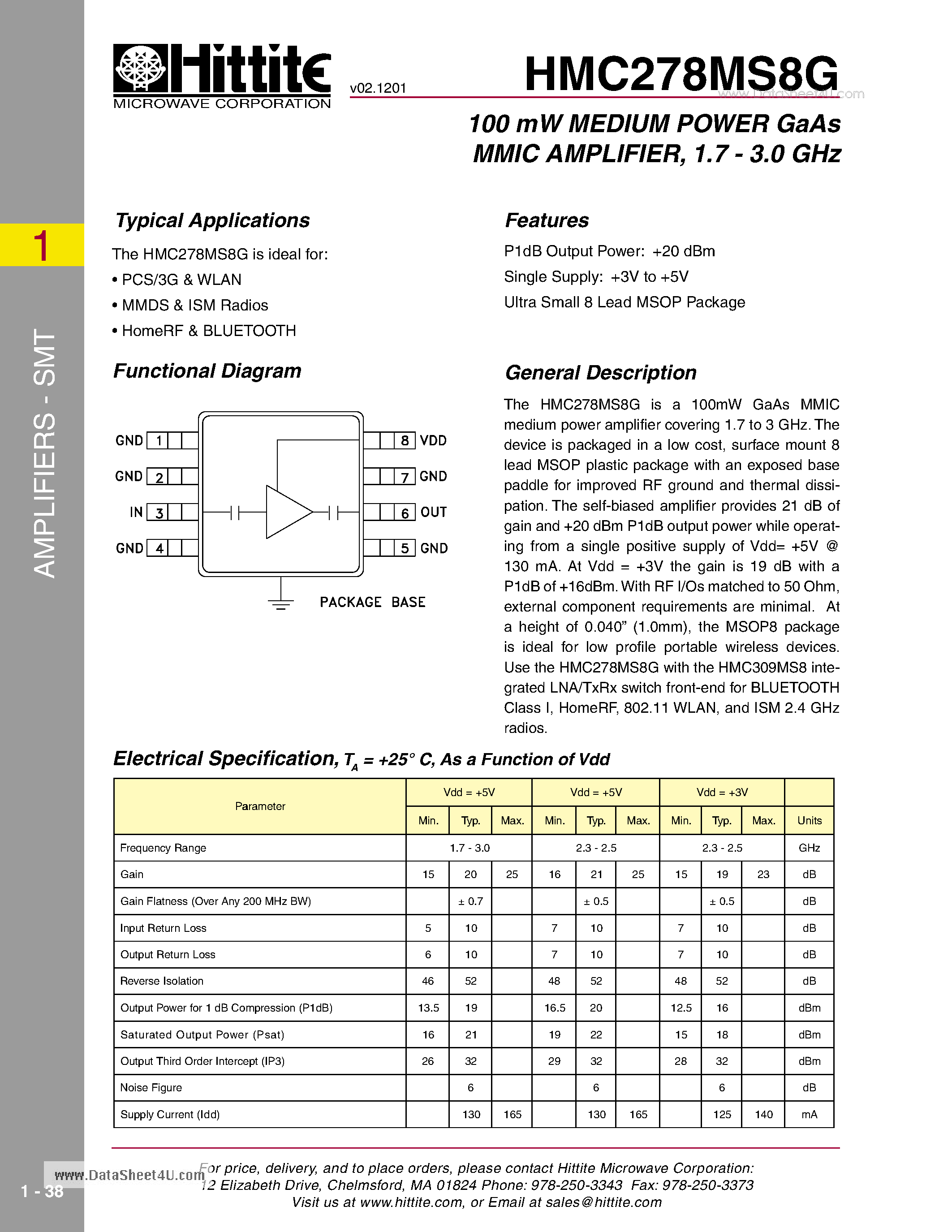 Datasheet HMC278MS8G - 100 mW MEDIUM POWER GaAs MMIC AMPLIFIER 1.7 - 3.0 GHz page 1