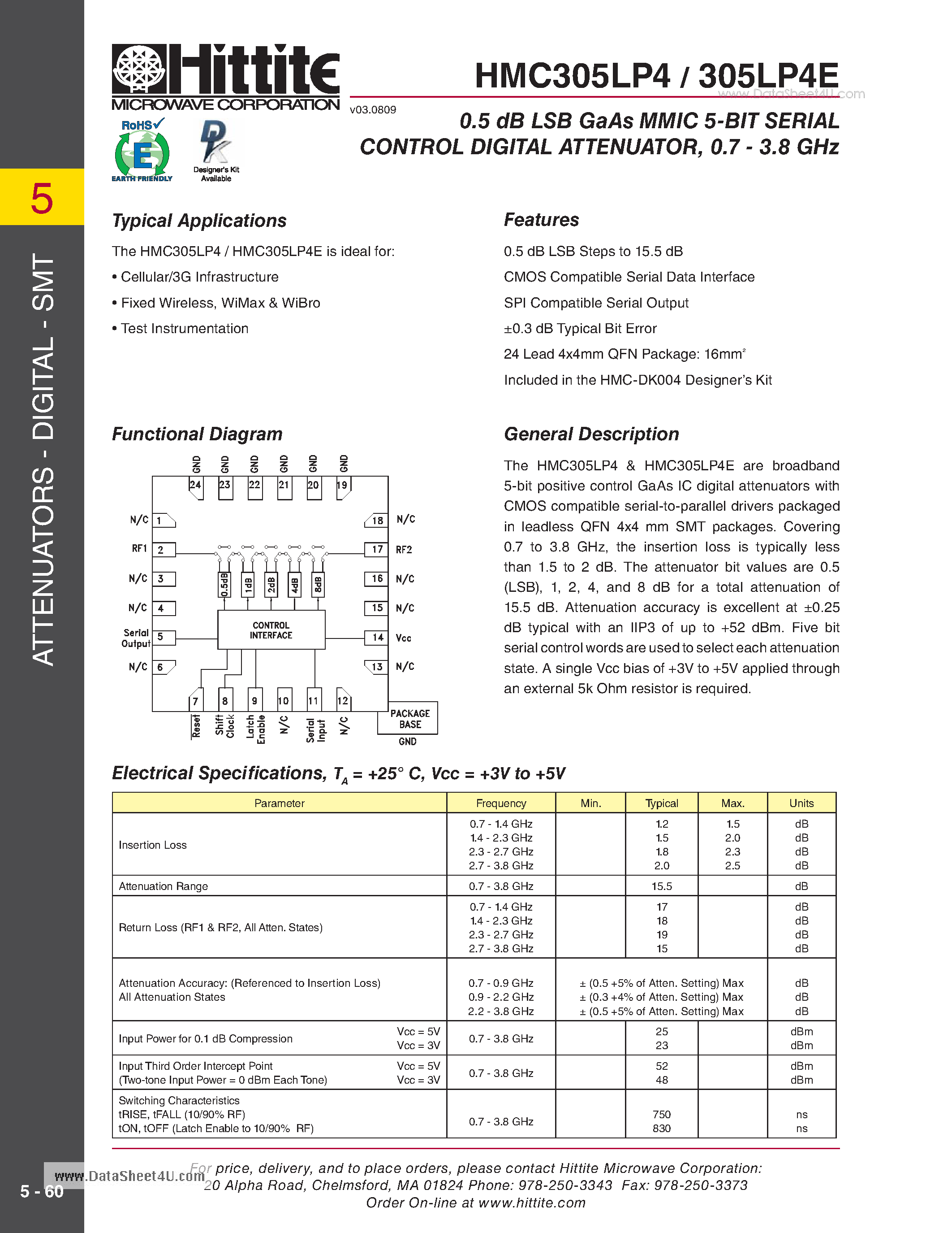 Datasheet HMC305LP4 - 0.5 dB LSB GaAs MMIC 5-BIT SERIAL CONTROL DIGITAL ATTENUATOR 0.7 - 3.8 GHz page 1