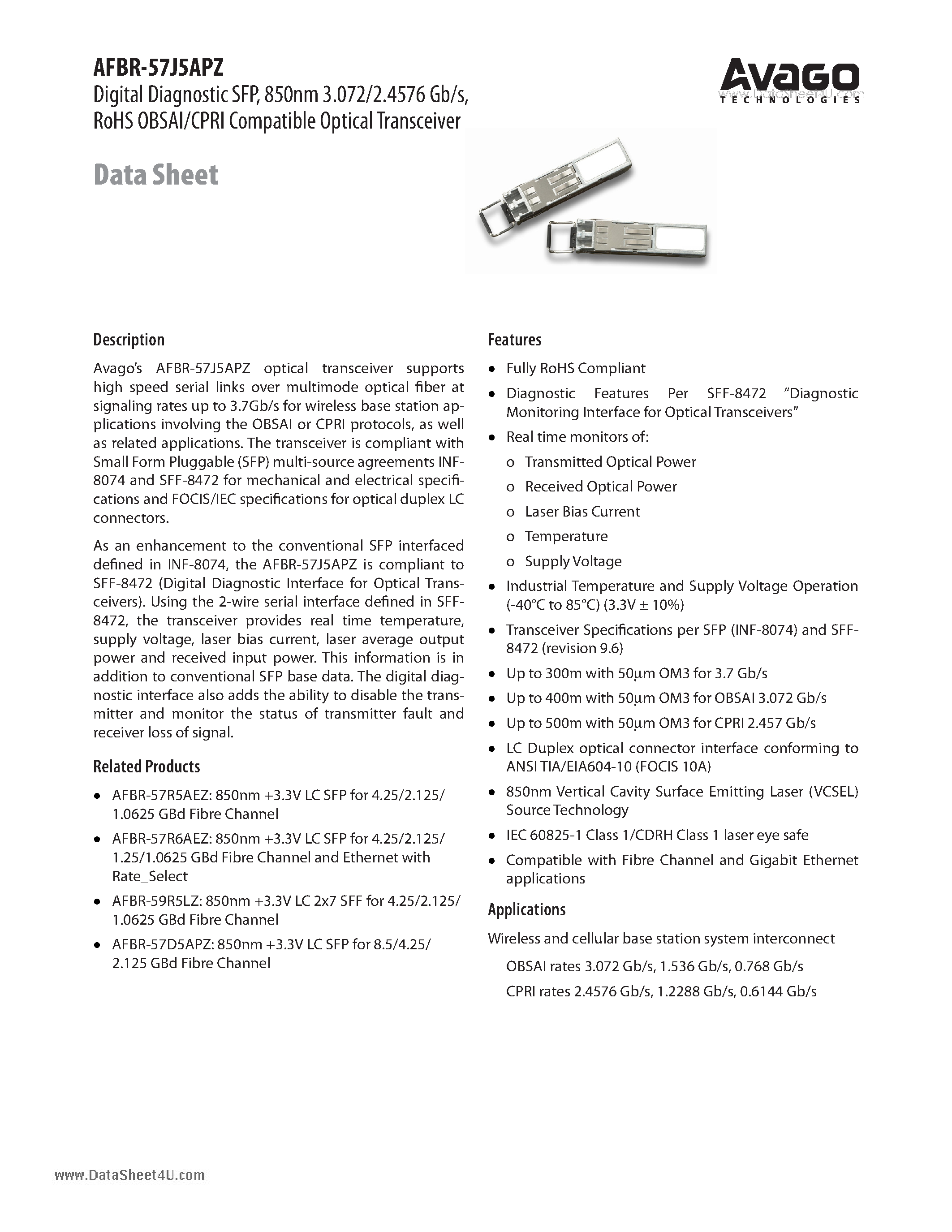 Datasheet AFBR-57J5APZ - Digital Diagnostic SFP 850nm 3.072/2.4576 Gb/s RoHS OBSAI/CPRI Compatible Optical Transceiver page 1