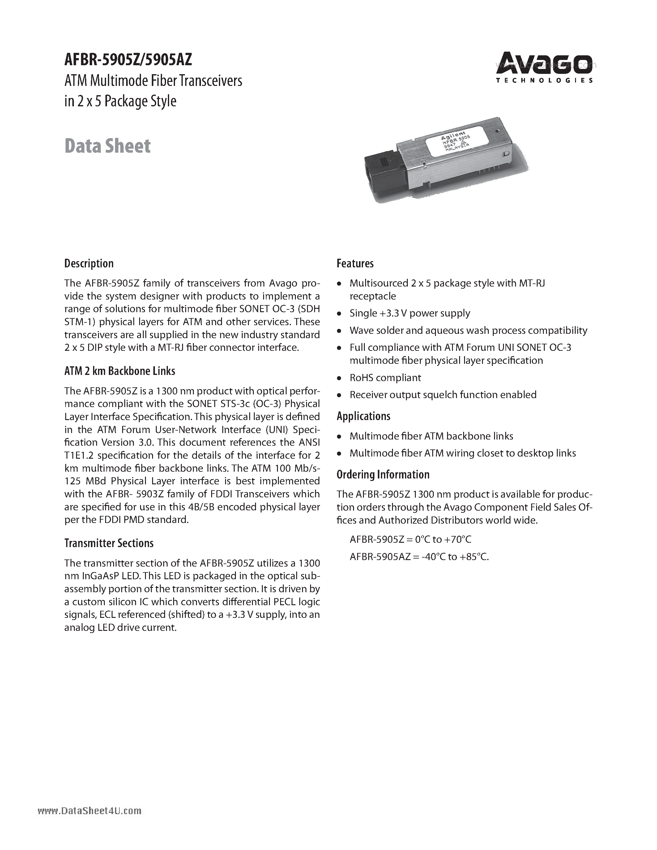Datasheet AFBR-5905AZ - ATM Multimode Fiber Transceivers in 2 x 5 Package Style page 1