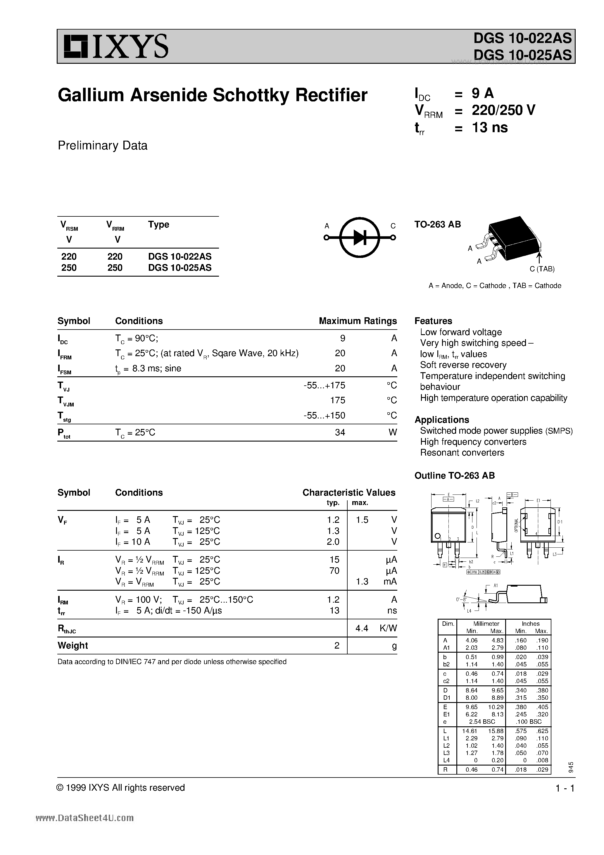 Datasheet DGS10-022AS page 1 Datasheet DGS10-022AS - Gallium Arsenide Schottky Rectifier page 1