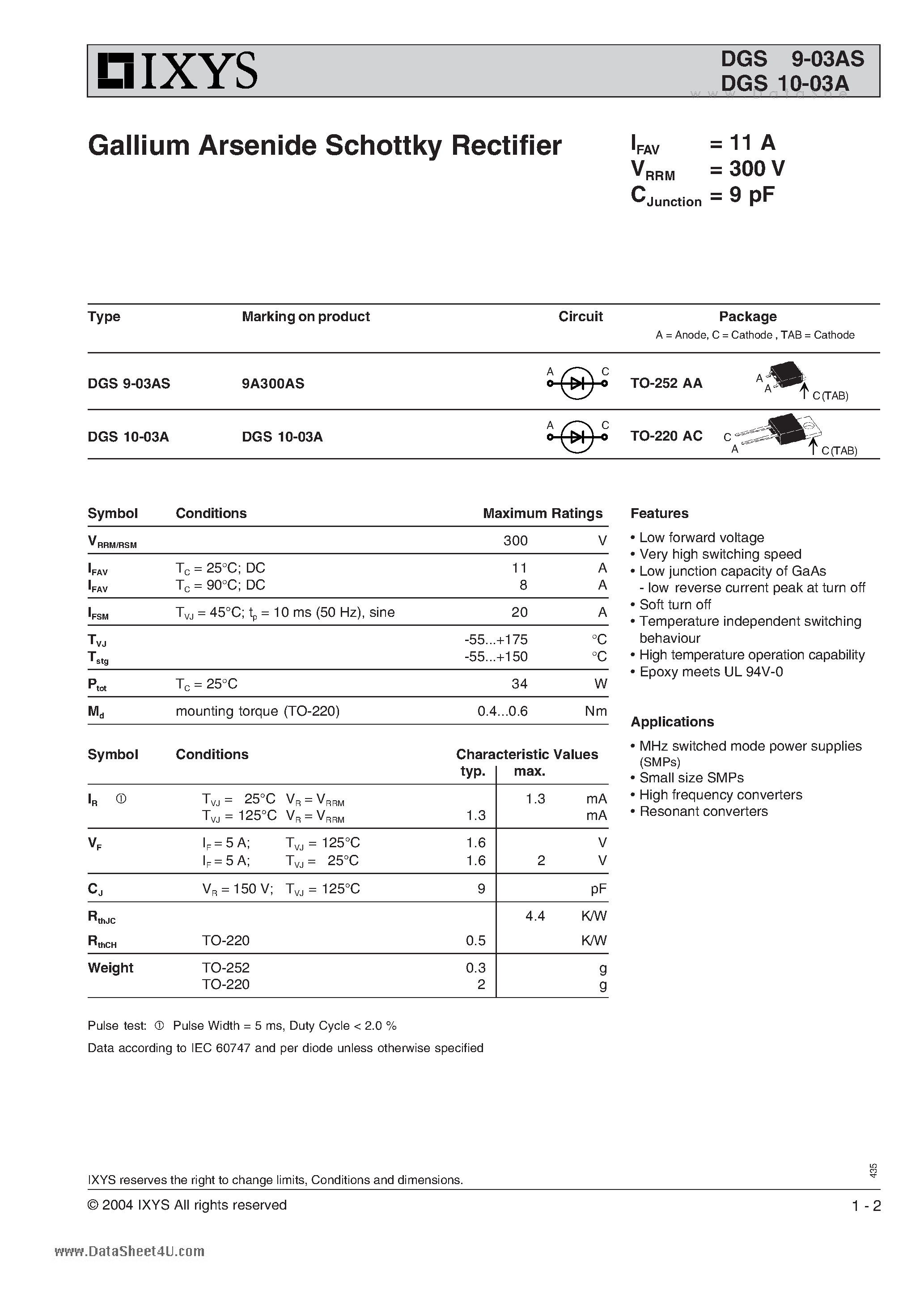 Datasheet DGS10-03A page 1 Datasheet DGS10-03A - Gallium Arsenide Schottky Rectifier page 1