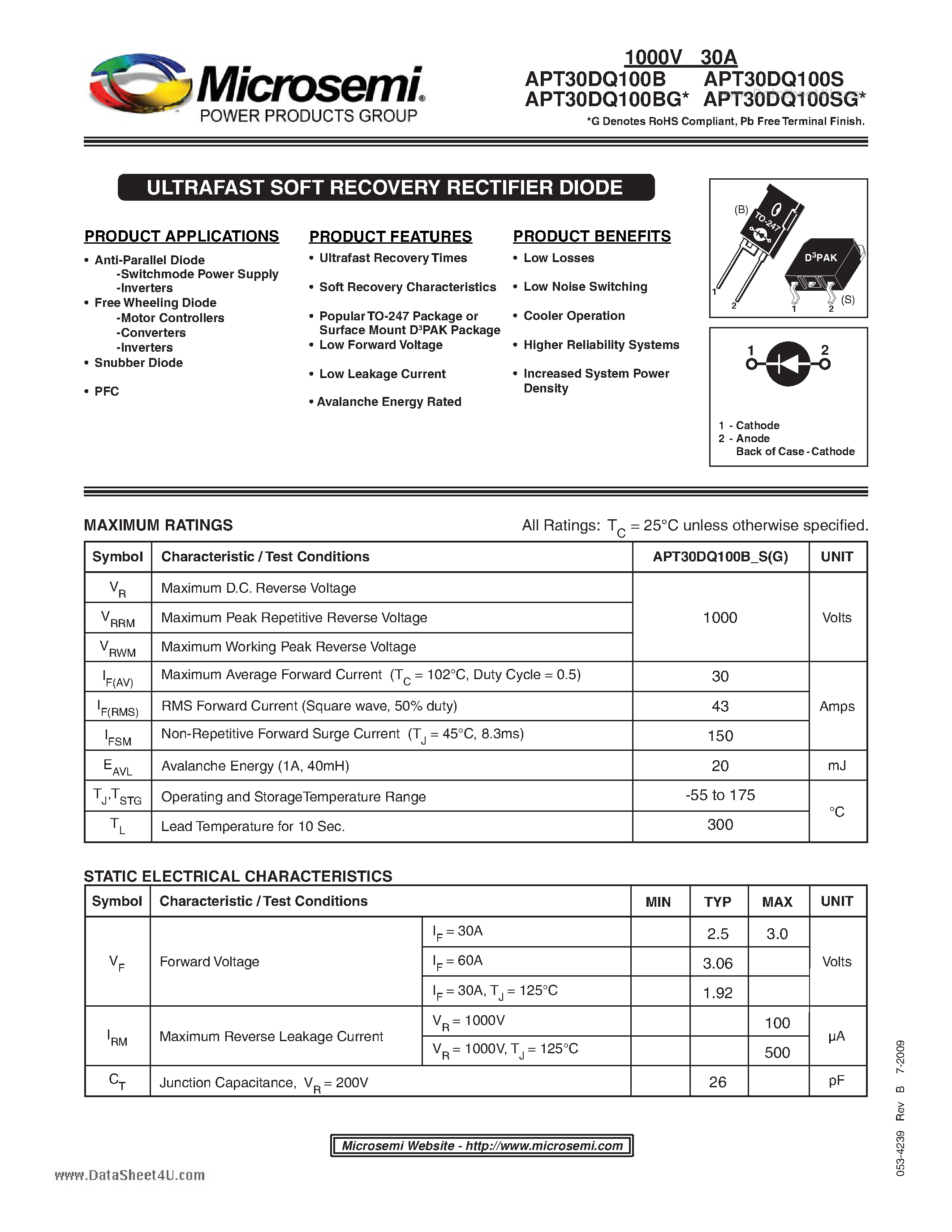 Datasheet APT30DQ100B page 1 Datasheet APT30DQ100B - ULTRAFAST SOFT RECOVERY RECTIFIER DIODE page 1