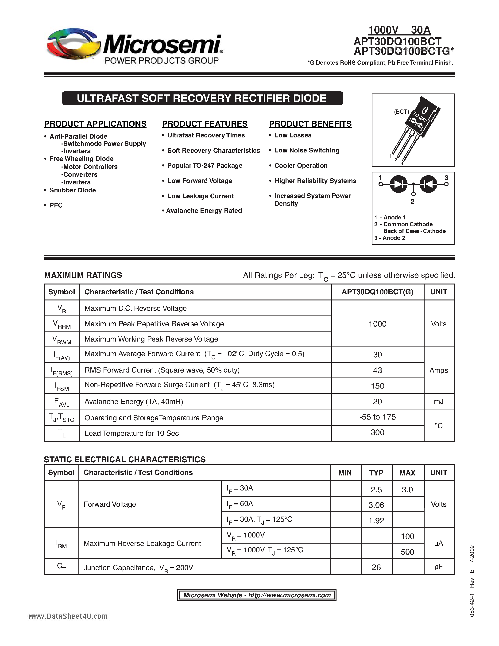 Datasheet APT30DQ100BCT - ULTRAFAST SOFT RECOVERY RECTIFIER DIODE page 1