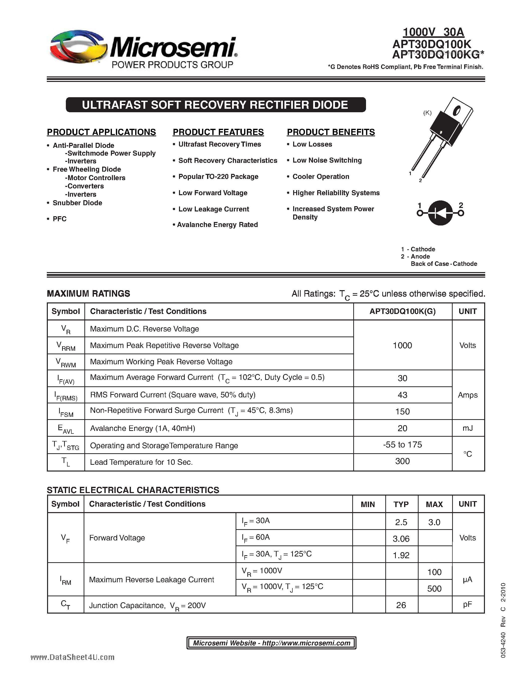 Datasheet APT30DQ100K - ULTRAFAST SOFT RECOVERY RECTIFIER DIODE page 1