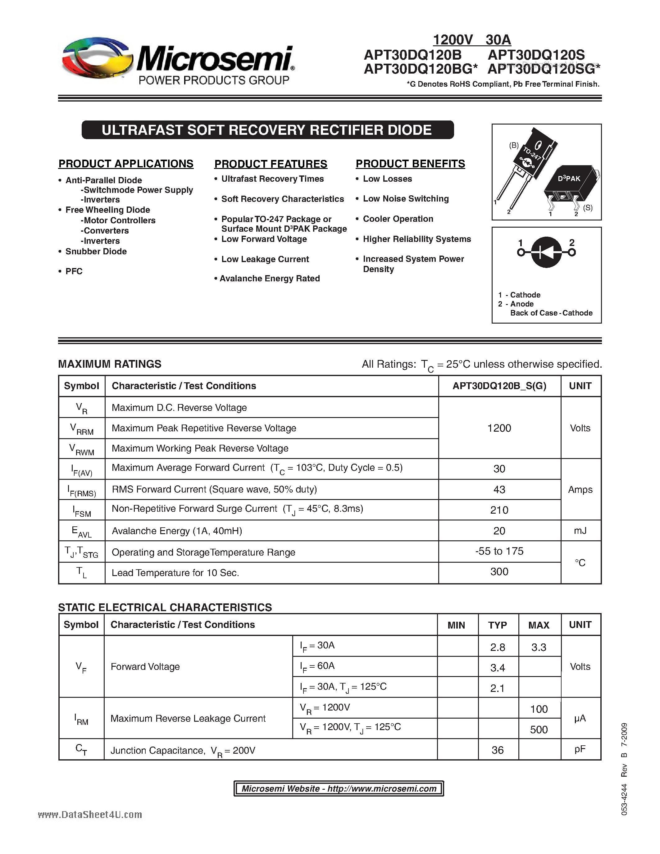Datasheet APT30DQ120B page 1 Datasheet APT30DQ120B - ULTRAFAST SOFT RECOVERY RECTIFIER DIODE page 1