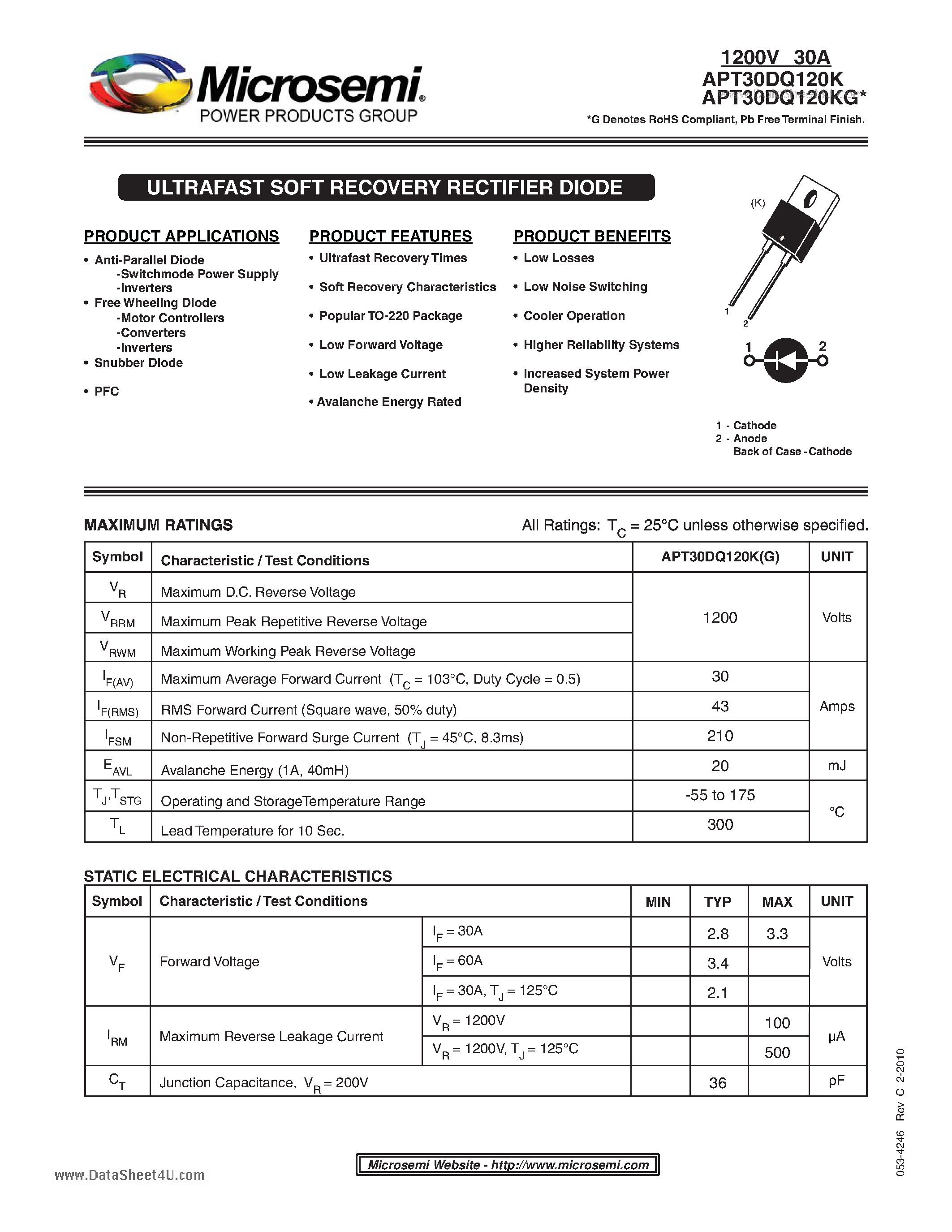 Datasheet APT30DQ120K page 1 Datasheet APT30DQ120K - ULTRAFAST SOFT RECOVERY RECTIFIER DIODE page 1