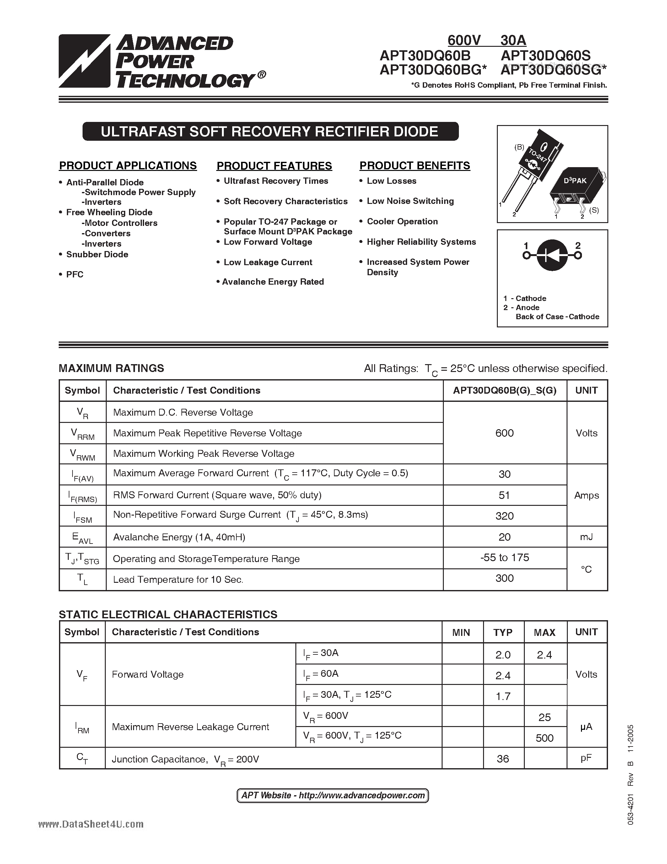 Datasheet APT30DQ60B - ULTRAFAST SOFT RECOVERY RECTIFIER DIODE page 1