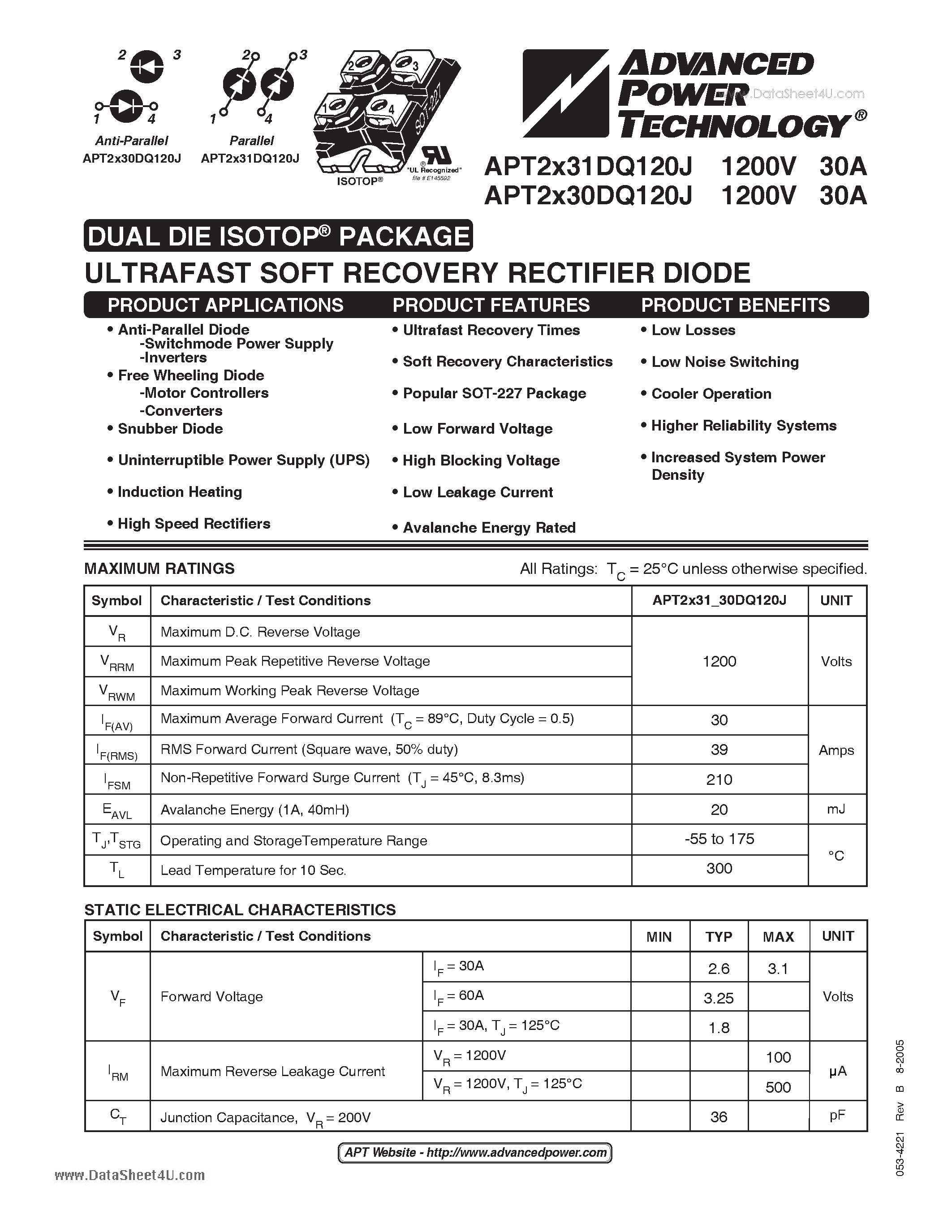 Datasheet APT2X30DQ120J page 1 Datasheet APT2X30DQ120J - ULTRAFAST SOFT RECOVERY RECTIFIER DIODE page 1