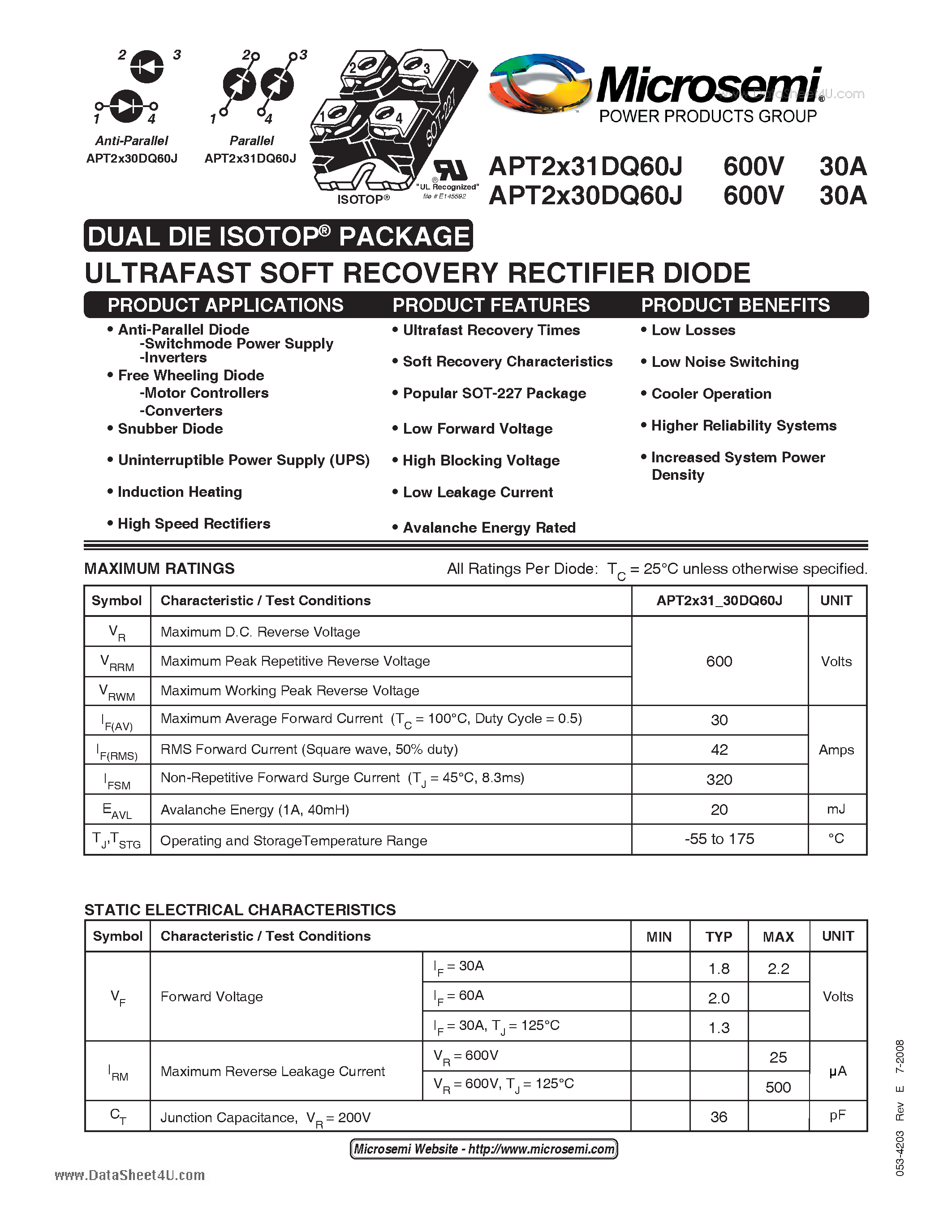 Datasheet APT2X30DQ60J page 1 Datasheet APT2X30DQ60J - ULTRAFAST SOFT RECOVERY RECTIFIER DIODE page 1