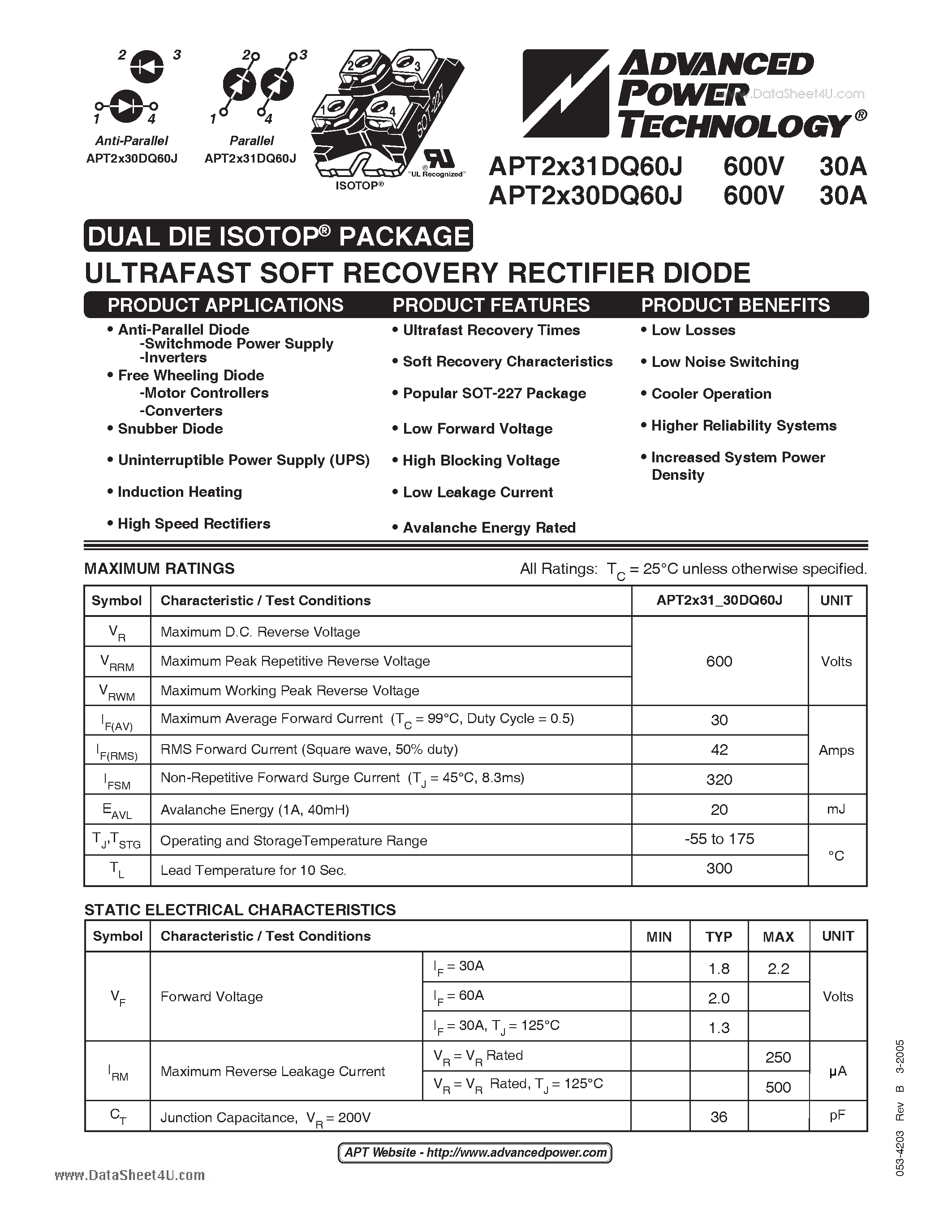 Datasheet APT2X30DQ60J - ULTRAFAST SOFT RECOVERY RECTIFIER DIODE page 1